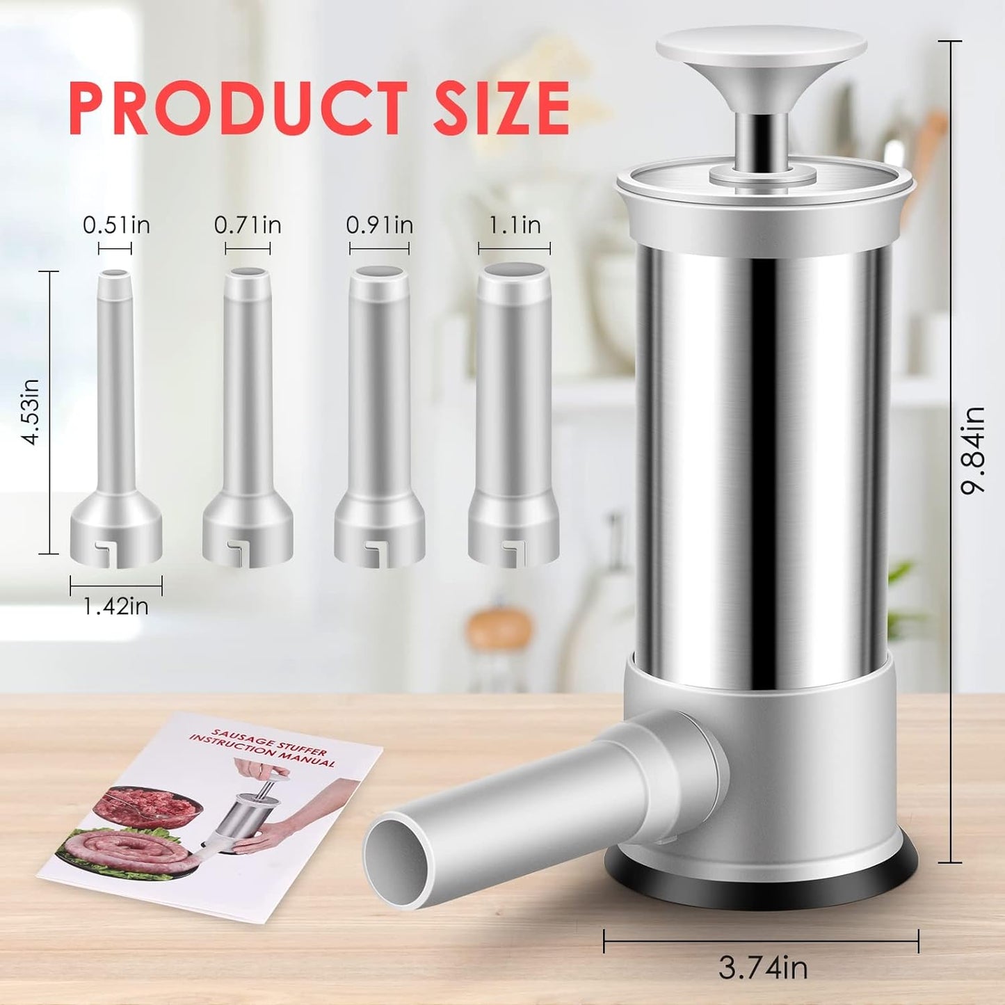 🔥Last Day Promotion - 49% OFF - Sausage Stuffer with 4 Different Sizes Stuffing Tubes 304 steel enema + four filling nozzles in various sizes Kitchen & Dining