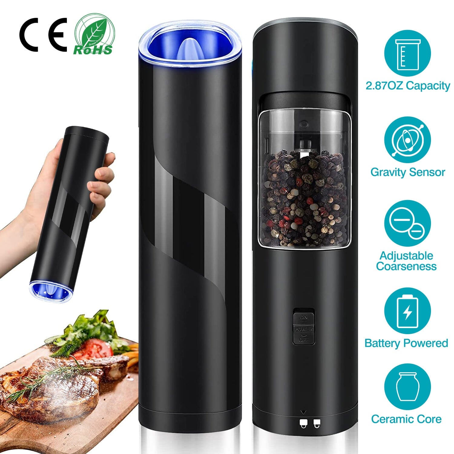 Electric Salt and Pepper Grinder LED Indicator Adjustable Coarseness __stock:50 Kitchen & Dining refund_fee:1200 Warranty