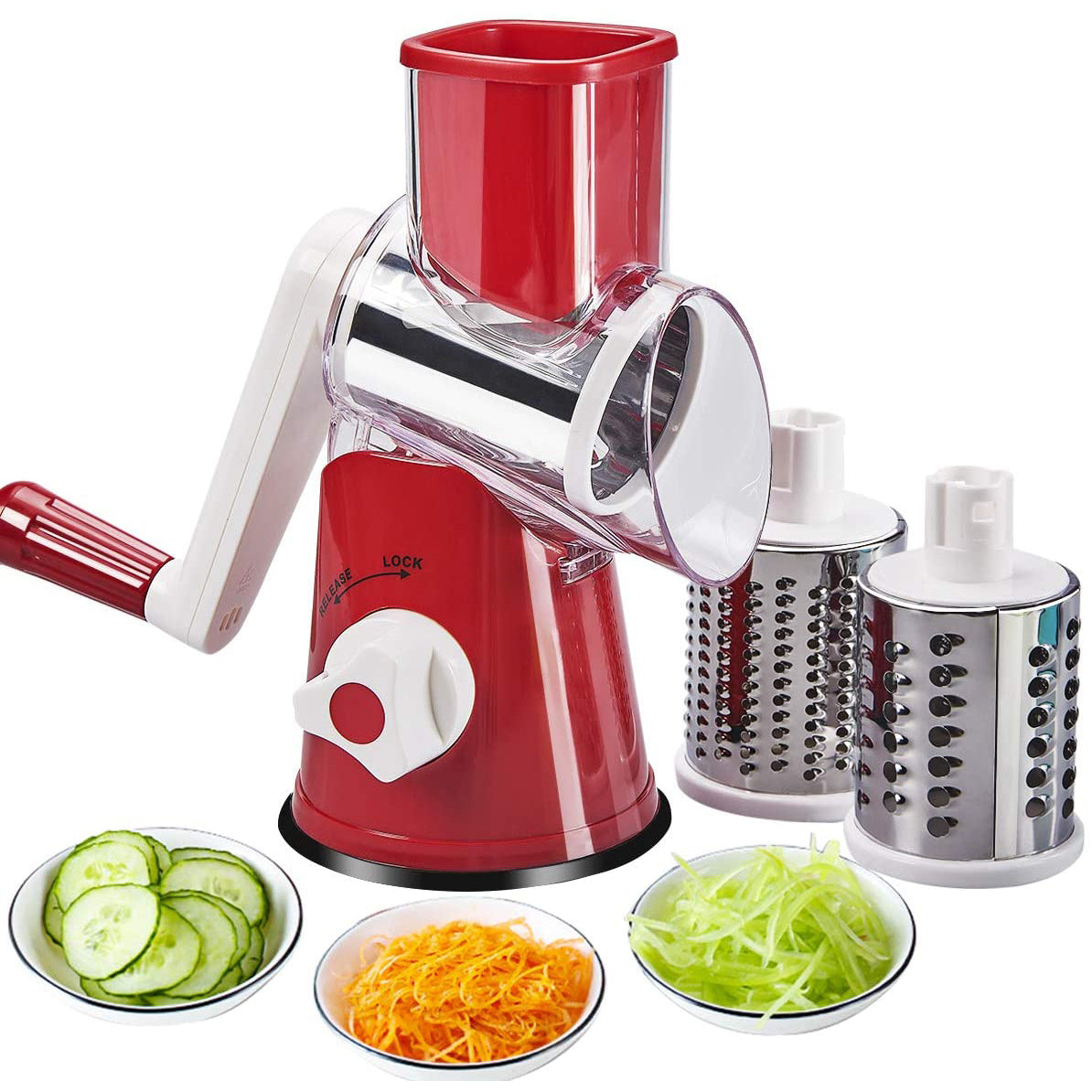 FAVIA Rotary Cheese Grater with Handle - Food Shredder with 3 Stainless Steel Drum Blades Red __stock:200 Kitchen & Dining refund_fee:1200 Warranty