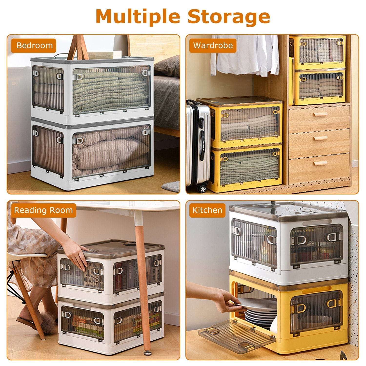 Foldable Storage Bins with Lid 4 Doors Collapsible Stackable with Lock __stock:50 Kitchen & Dining refund_fee:1800