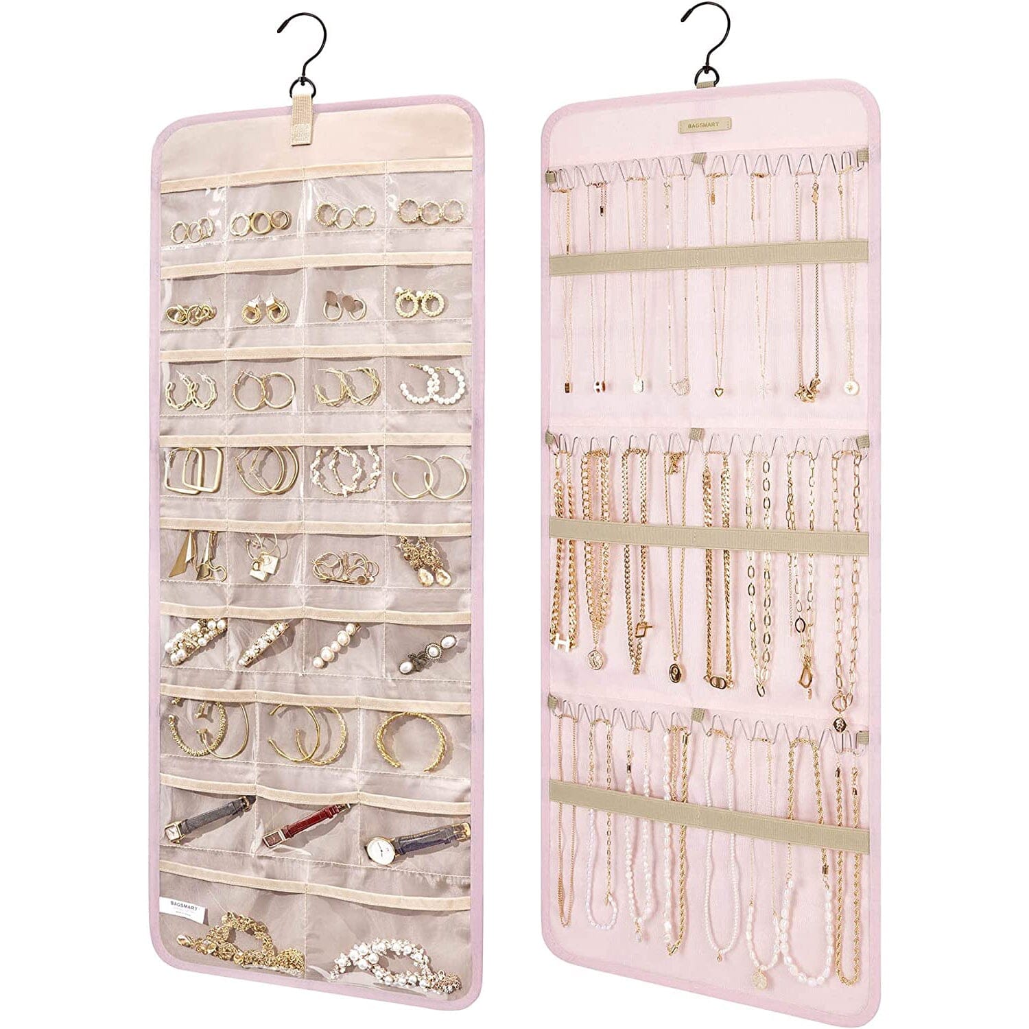 Hanging Jewelry Organizer Storage Roll Pink L __stock:200 Closet & Storage refund_fee:800