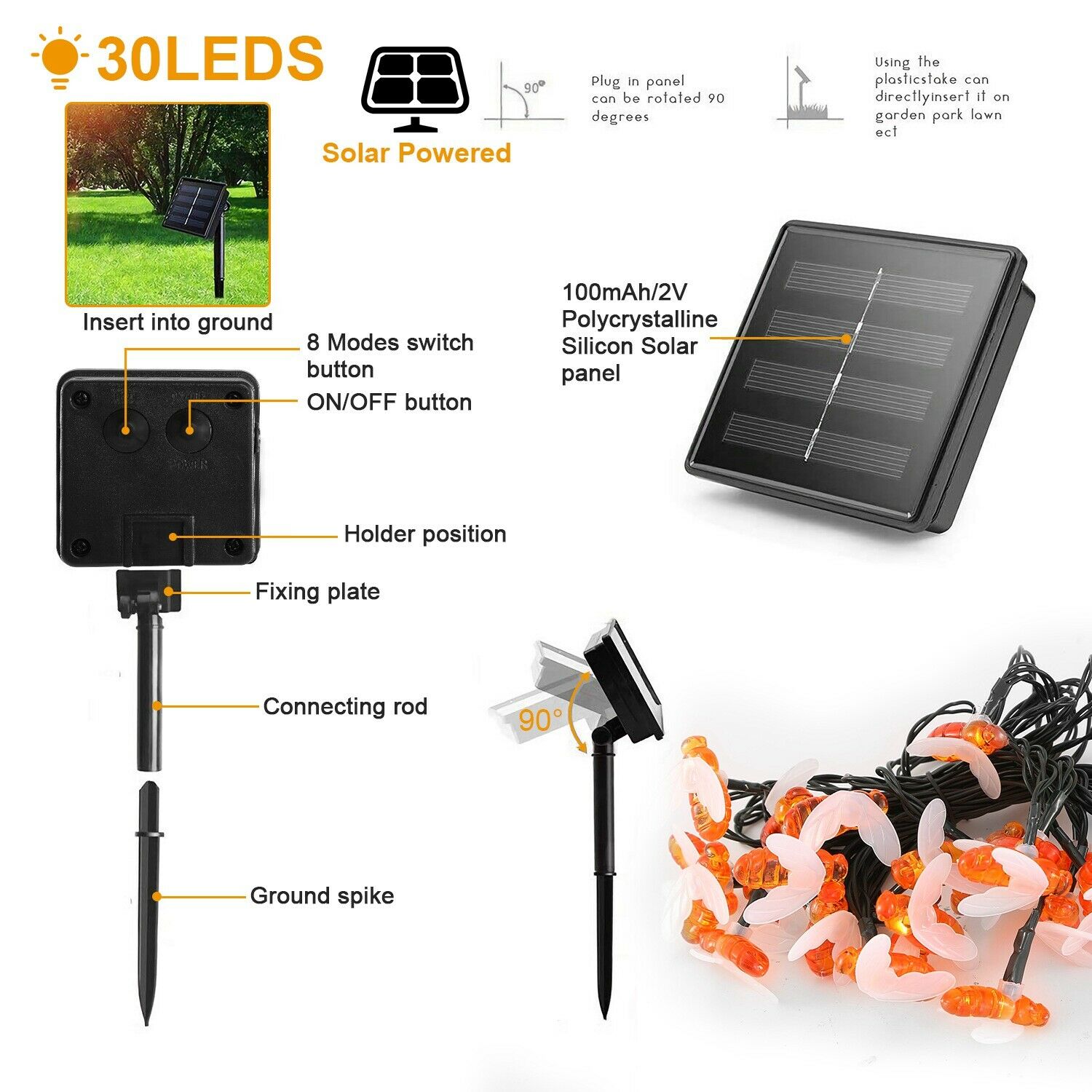 LED Solar String Bee Lights 30 Honeybees Holiday refund_fee:1200 String & Fairy Lights Warranty