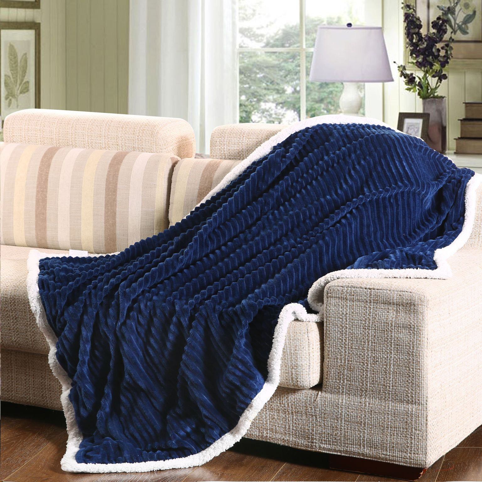 Luxurious Reversible Designer Sherpa Throw Navy __label2:BOGO 30% OFF Bedding refund_fee:1200