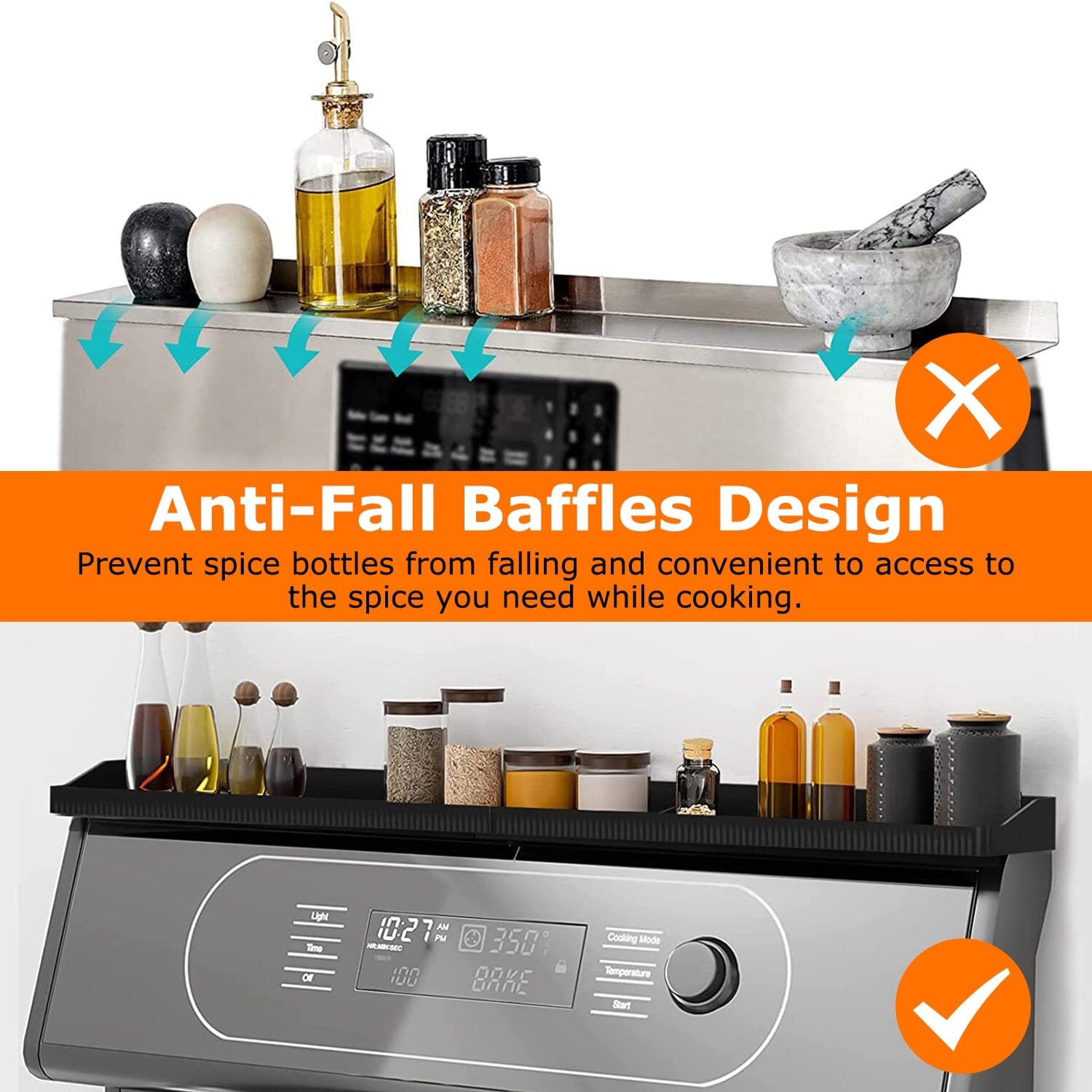Magnetic Stove Top Shelf - 30" Silicone Spice Rack Organizer With 6 Magnets, Cuttable, Black