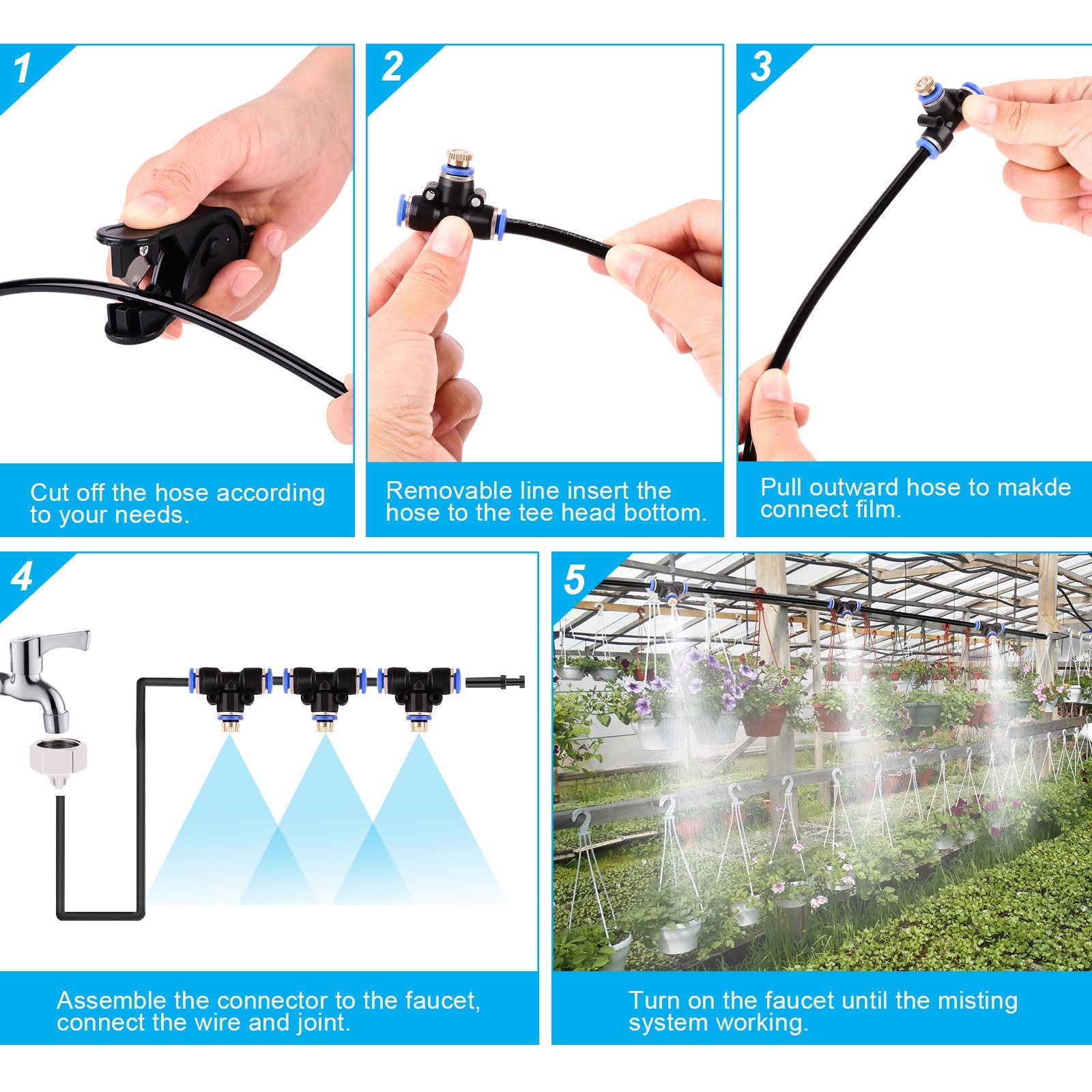 Mist Cooling System 26Ft Line + 10 T-Joint Nozzles Water Sprayer Garden & Patio Low stock refund_fee:1200