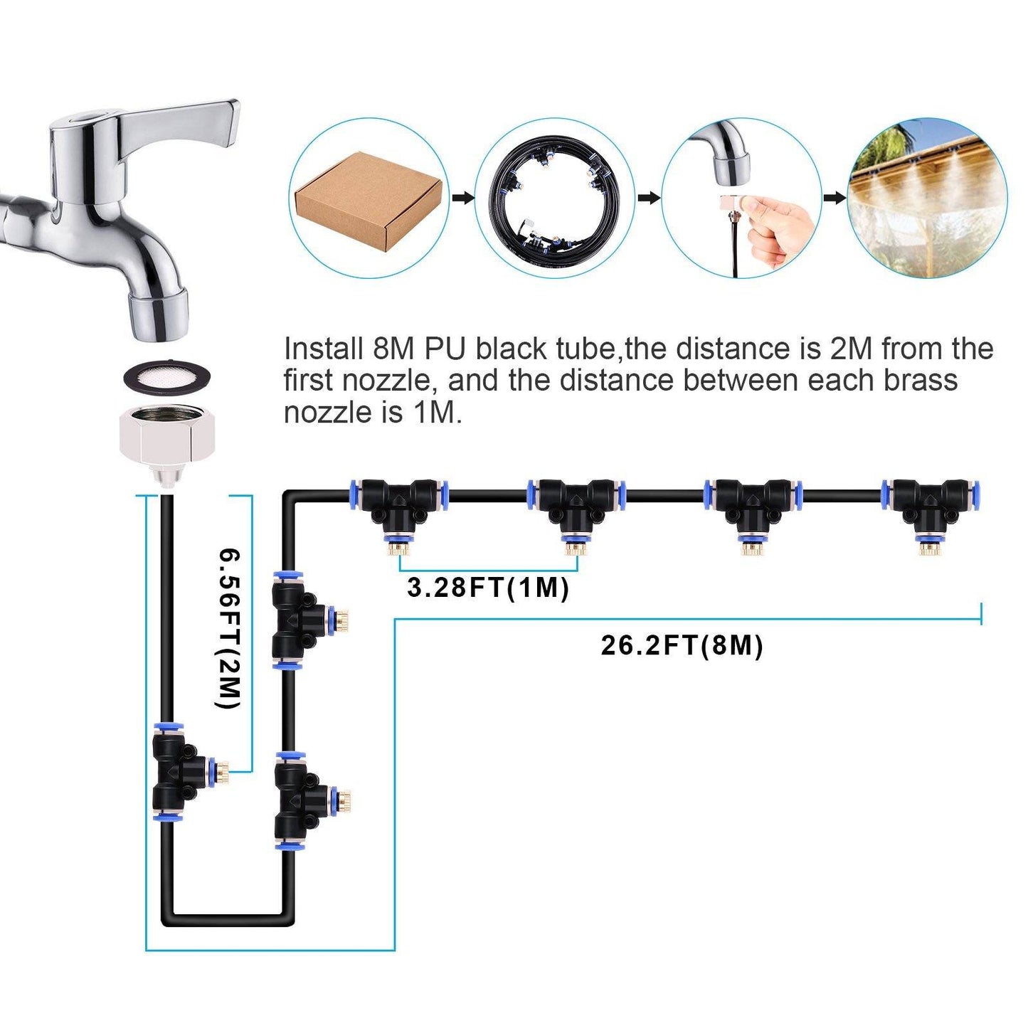 Mist Cooling System 26Ft Line + 10 T-Joint Nozzles Water Sprayer Garden & Patio Low stock refund_fee:1200