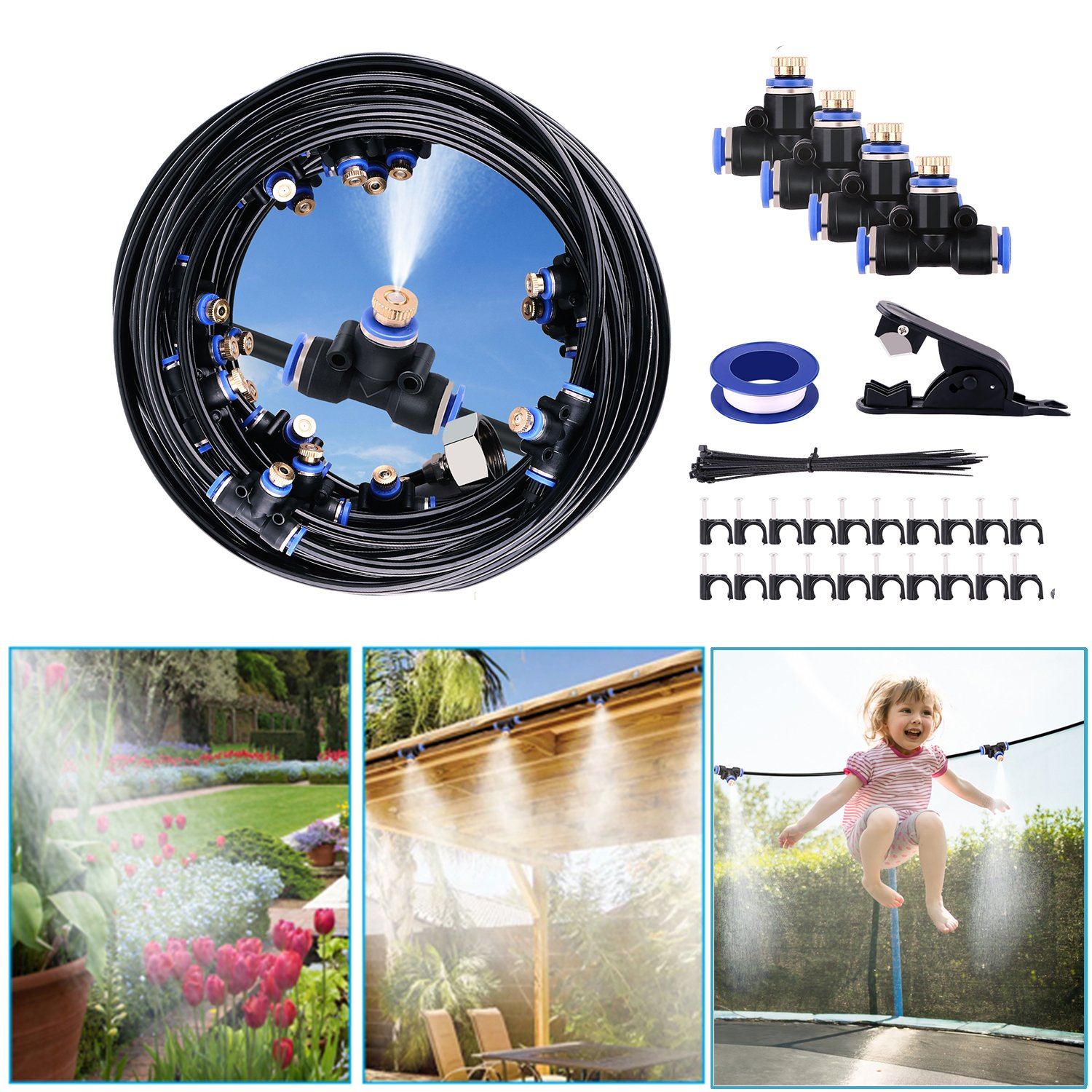 Misting Cooling System 65.6Ft Hose Line + 23 T-Joint Nozzles Water Sprayer Garden & Patio refund_fee:1800