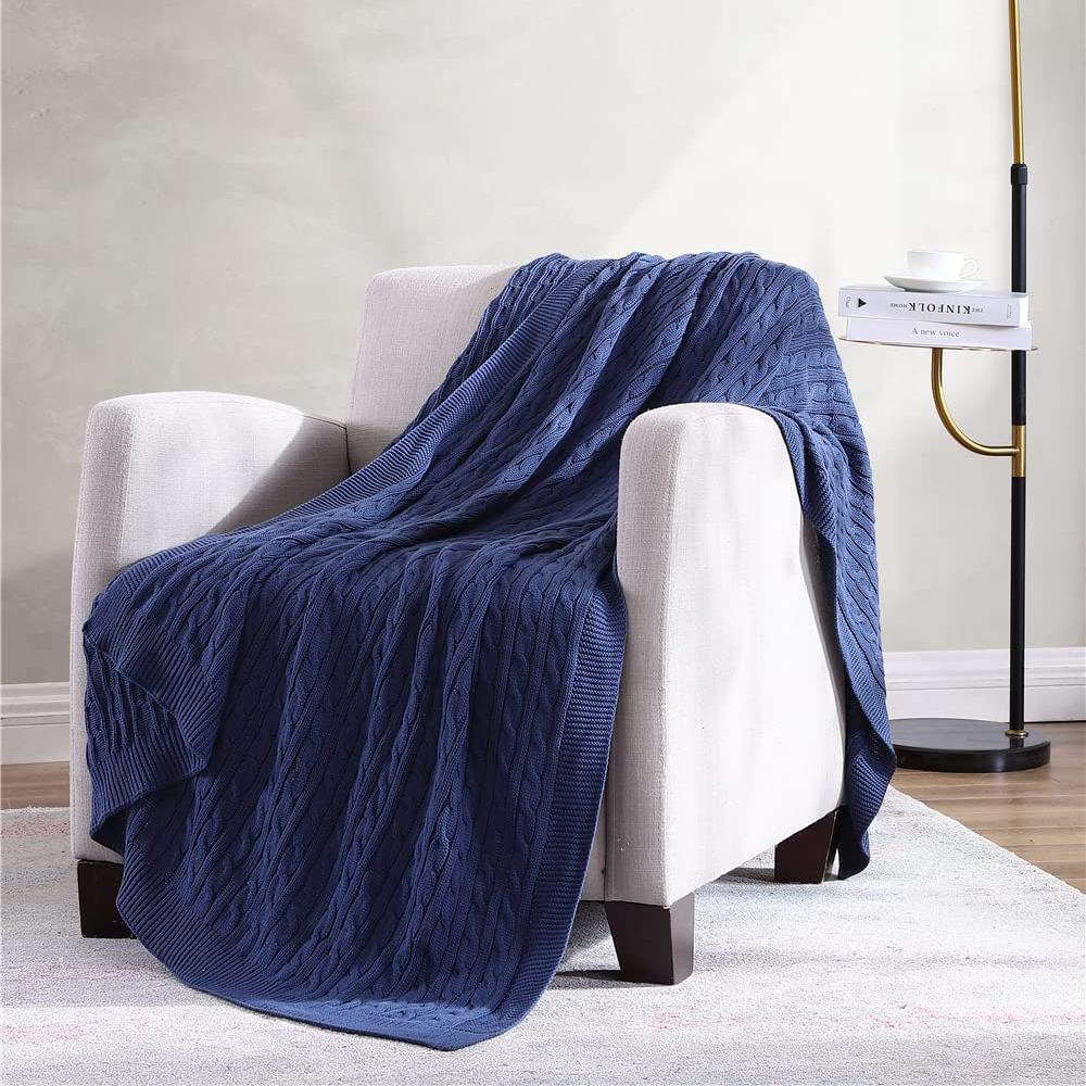 Oak 100% Cotton Cable Knit Throw Blanket Navy __label2:BOGO 30% OFF __stock:200 Bedding refund_fee:1800