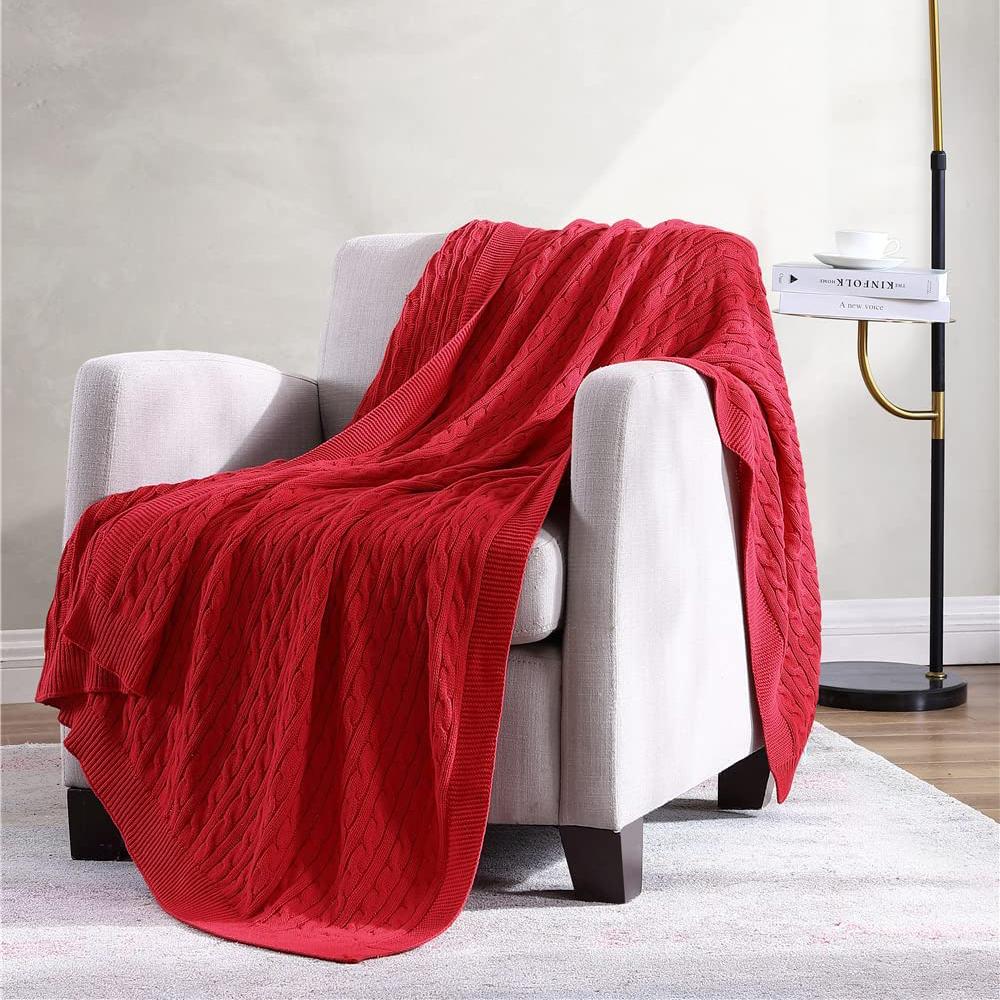 Oak 100% Cotton Cable Knit Throw Blanket Red __label2:BOGO 30% OFF __stock:200 Bedding refund_fee:1800