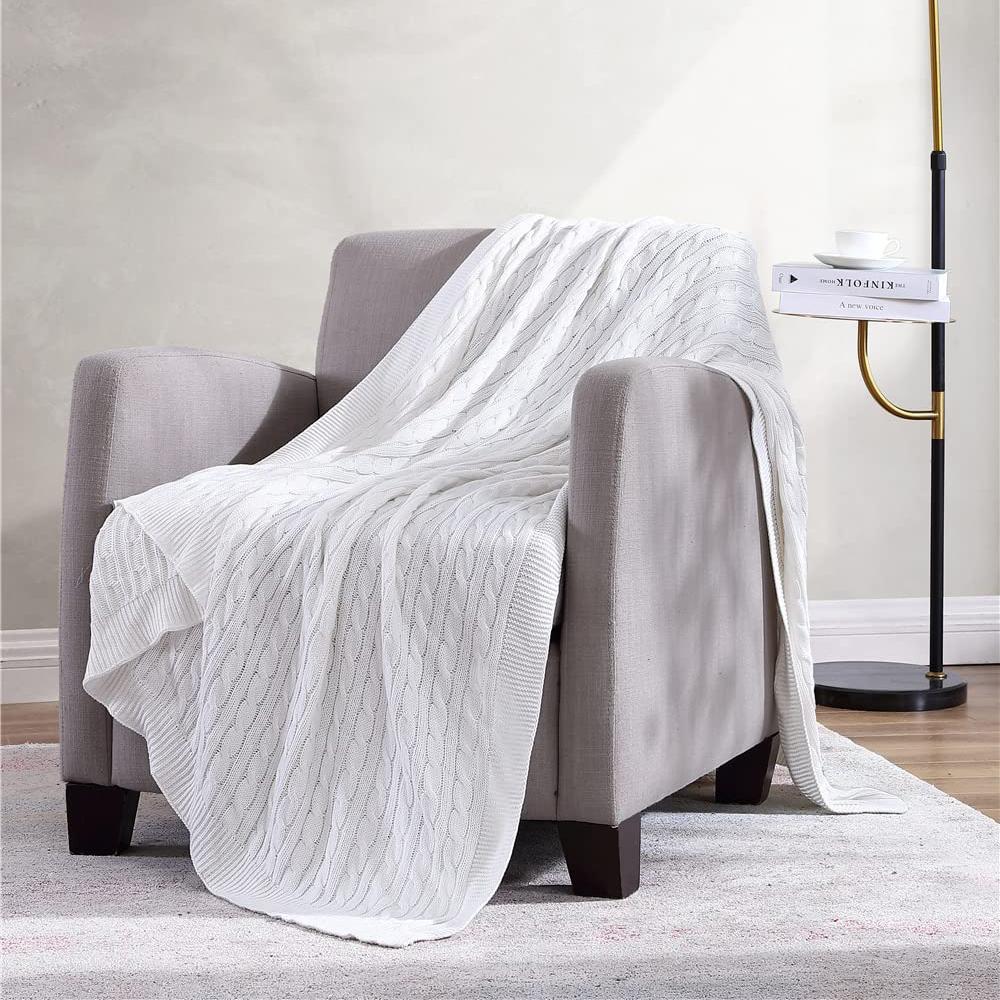 Oak 100% Cotton Cable Knit Throw Blanket White __label2:BOGO 30% OFF __stock:200 Bedding refund_fee:1800