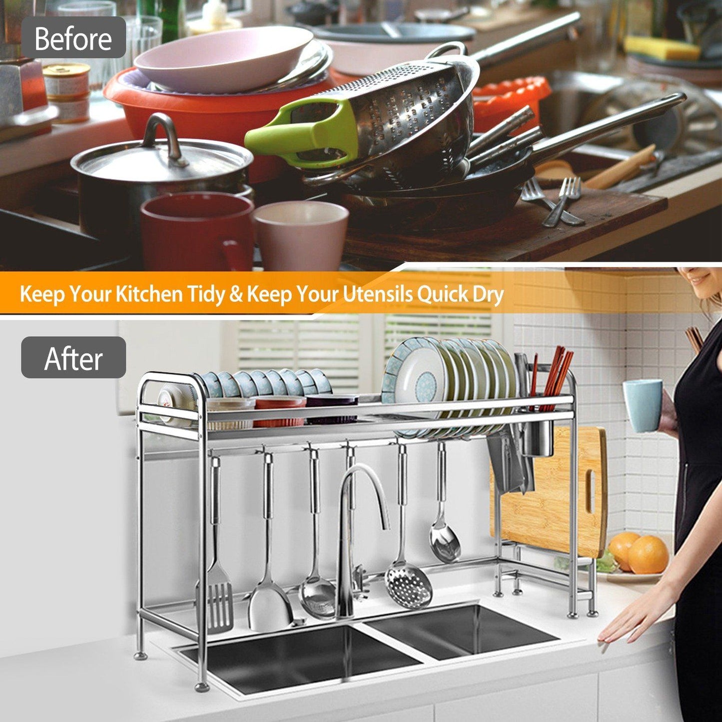 Over Sink Dish Drying Rack with Cutlery Holder __stock:150 Kitchen & Dining refund_fee:1800