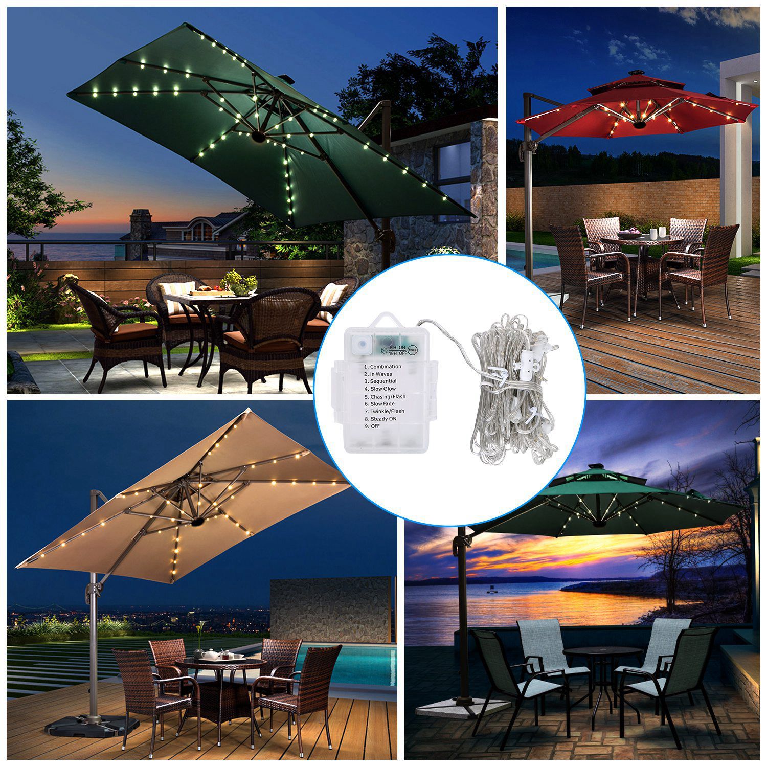 7.5 patio umbrella with lights Patio Umbrella Lights 8 Lighting Mode with Remote Control – BAJE HOME