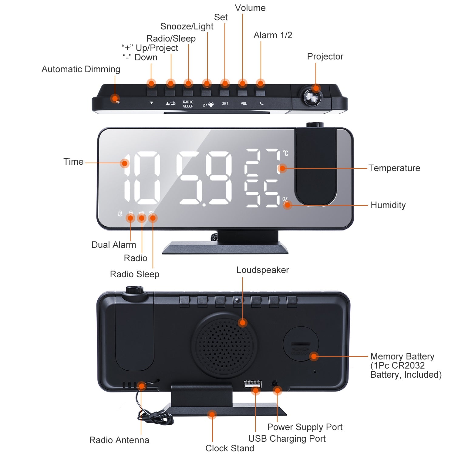 Projection Alarm Clock with Radio Function __stock:50 Household Appliances refund_fee:1200 Warranty