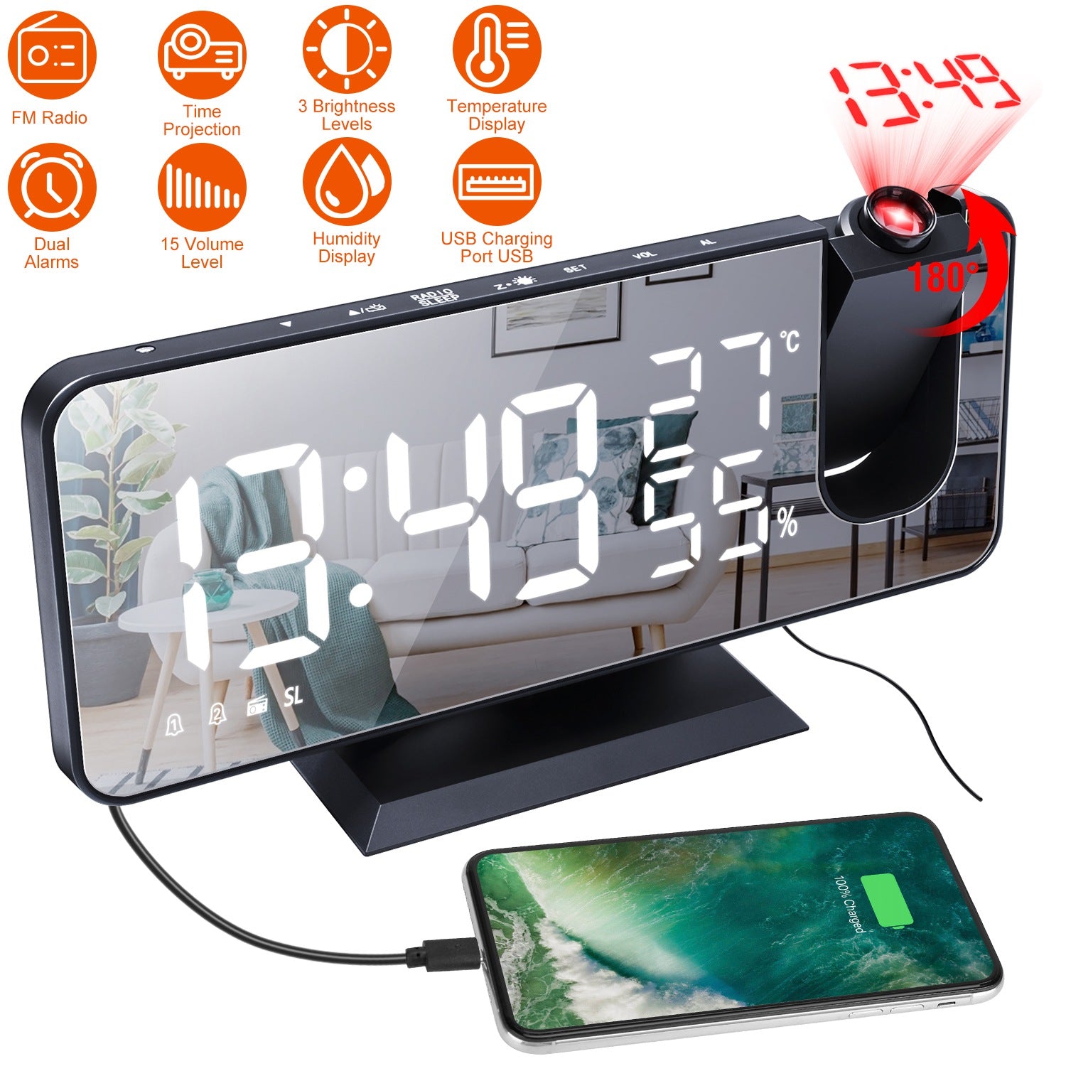 Projection Alarm Clock with Radio Function __stock:50 Household Appliances refund_fee:1200 Warranty