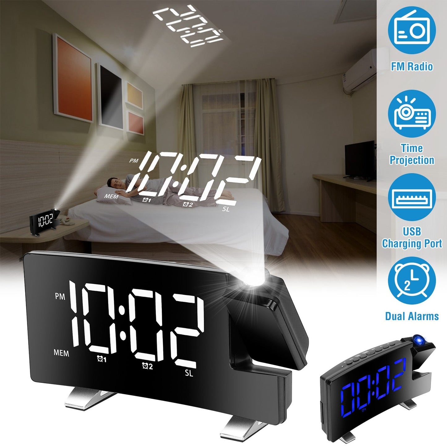 Projection Alarm Clock with Radio __stock:100 Household Appliances refund_fee:1200 Warranty