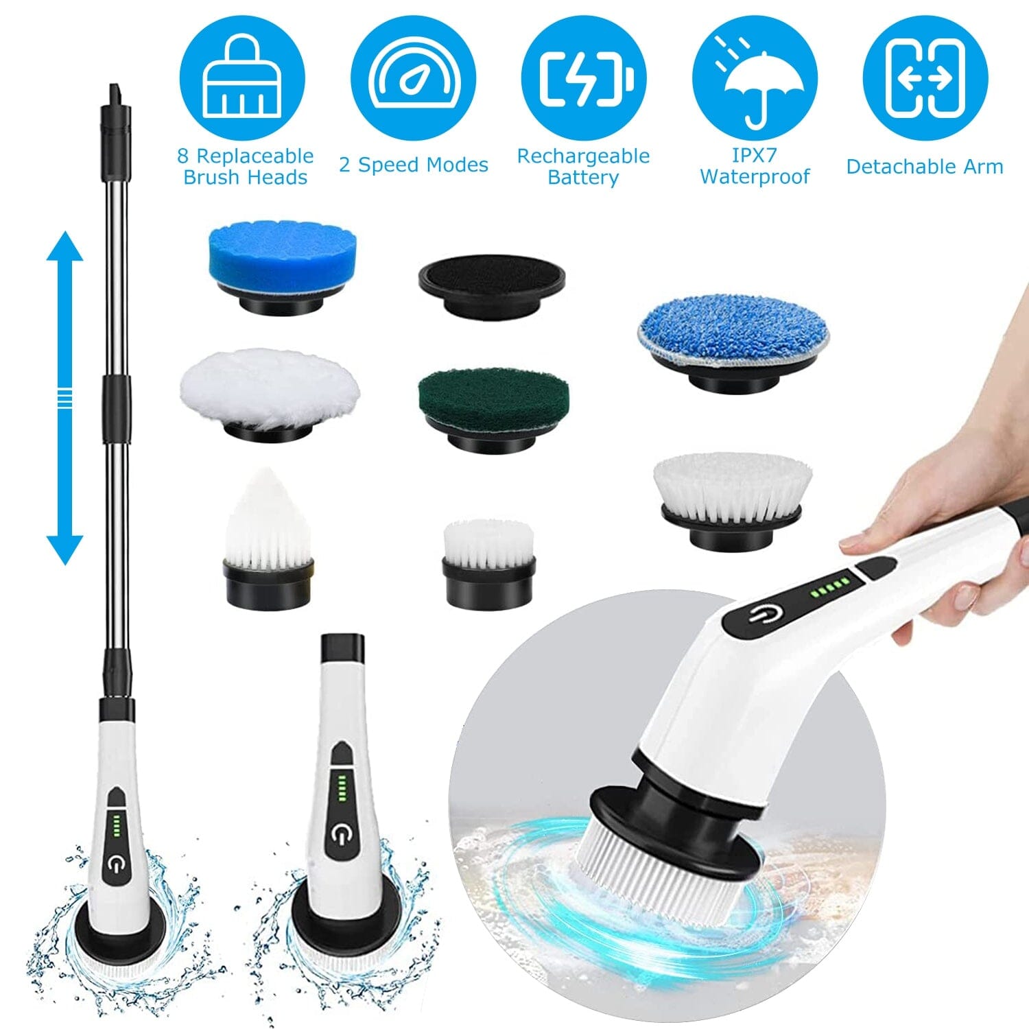 Rechargeable Electric Spin Scrubber 8 Brush Replaceable Heads 2 Speed __stock:50 Household Appliances refund_fee:1800 Warranty