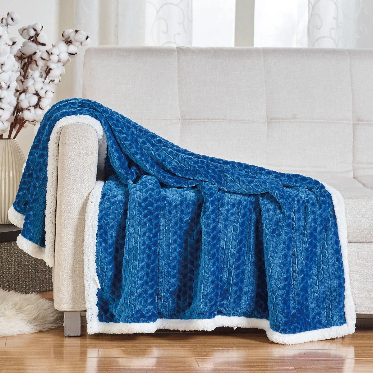 Reversible Soft Braided Sherpa Throw Blanket Blue __label2:BOGO 30% OFF Bedding refund_fee:1200