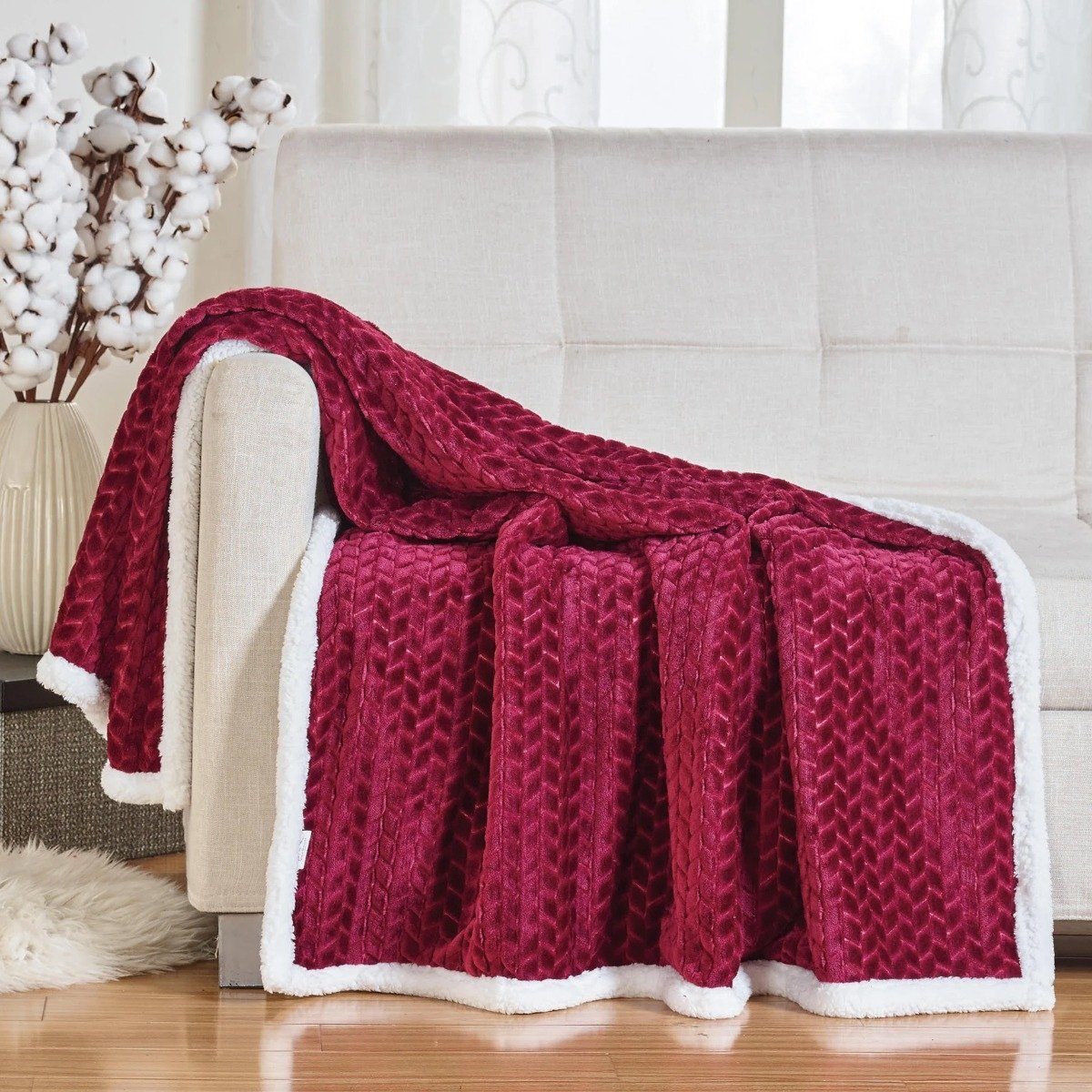 Reversible Soft Braided Sherpa Throw Blanket Burgundy __label2:BOGO 30% OFF Bedding refund_fee:1200