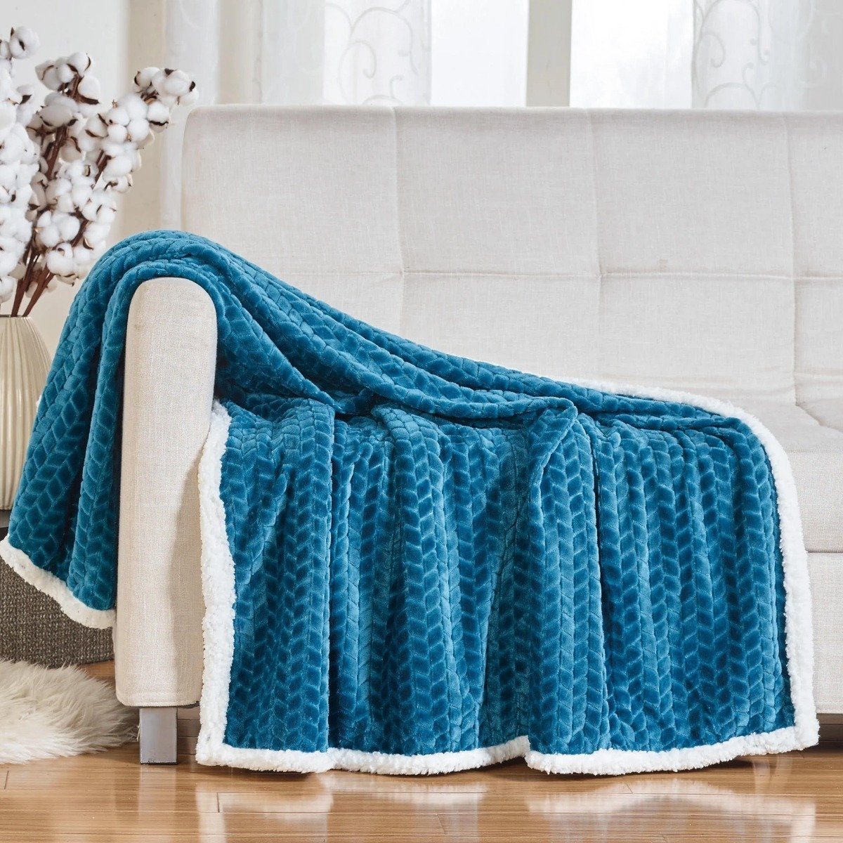 Reversible Soft Braided Sherpa Throw Blanket Teal __label2:BOGO 30% OFF Bedding refund_fee:1200