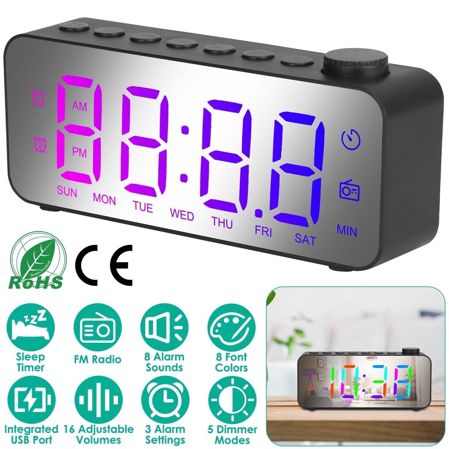 RGB Color LED Digital Alarm Clock __stock:50 Household Appliances Low stock refund_fee:1200 Warranty