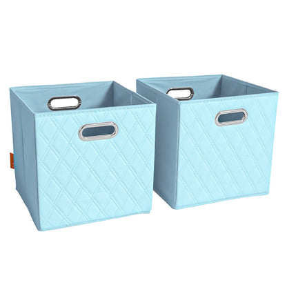 Set of 2: 11-13" Foldable Diamond Patterned Faux Leather Storage Cube Bins Blue __stock:50 Closet & Storage refund_fee:1200