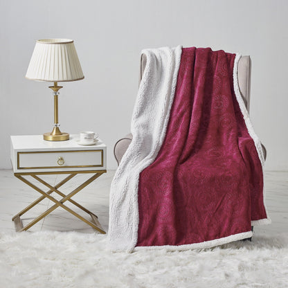 Sheradian Embossed Print Fleece/Caesar Sherpa Reversible Throw Blanket Burgundy __label2:BOGO 30% OFF __stock:250 Bedding refund_fee:1200