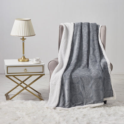 Sheradian Embossed Print Fleece/Caesar Sherpa Reversible Throw Blanket Gray __label2:BOGO 30% OFF __stock:250 Bedding refund_fee:1200