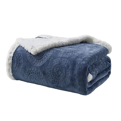 Sheradian Embossed Print Fleece/Sherpa Reversible Throw Blanket Blue __label2:BOGO 30% OFF __stock:250 Bedding refund_fee:1200