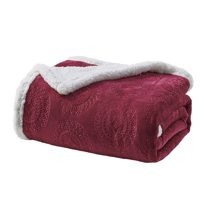 Sheradian Embossed Print Fleece/Sherpa Reversible Throw Blanket Burgundy __label2:BOGO 30% OFF __stock:250 Bedding refund_fee:1200