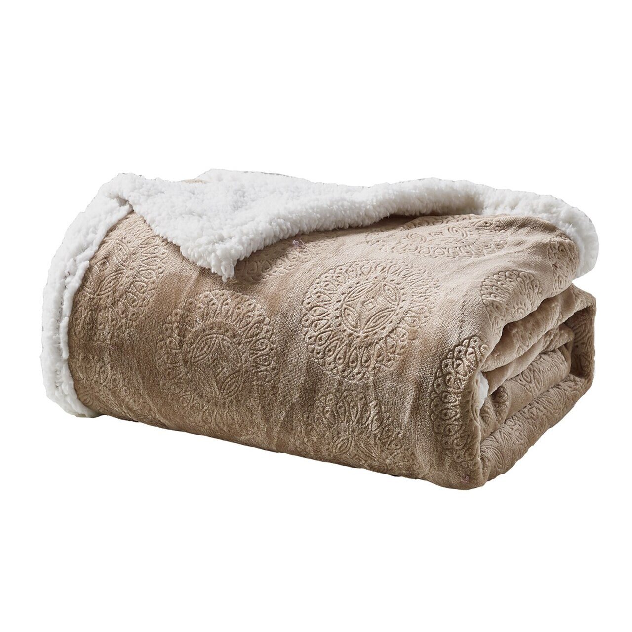 Sheradian Embossed Print Fleece/Sherpa Reversible Throw Blanket Taupe __label2:BOGO 30% OFF __stock:250 Bedding refund_fee:1200