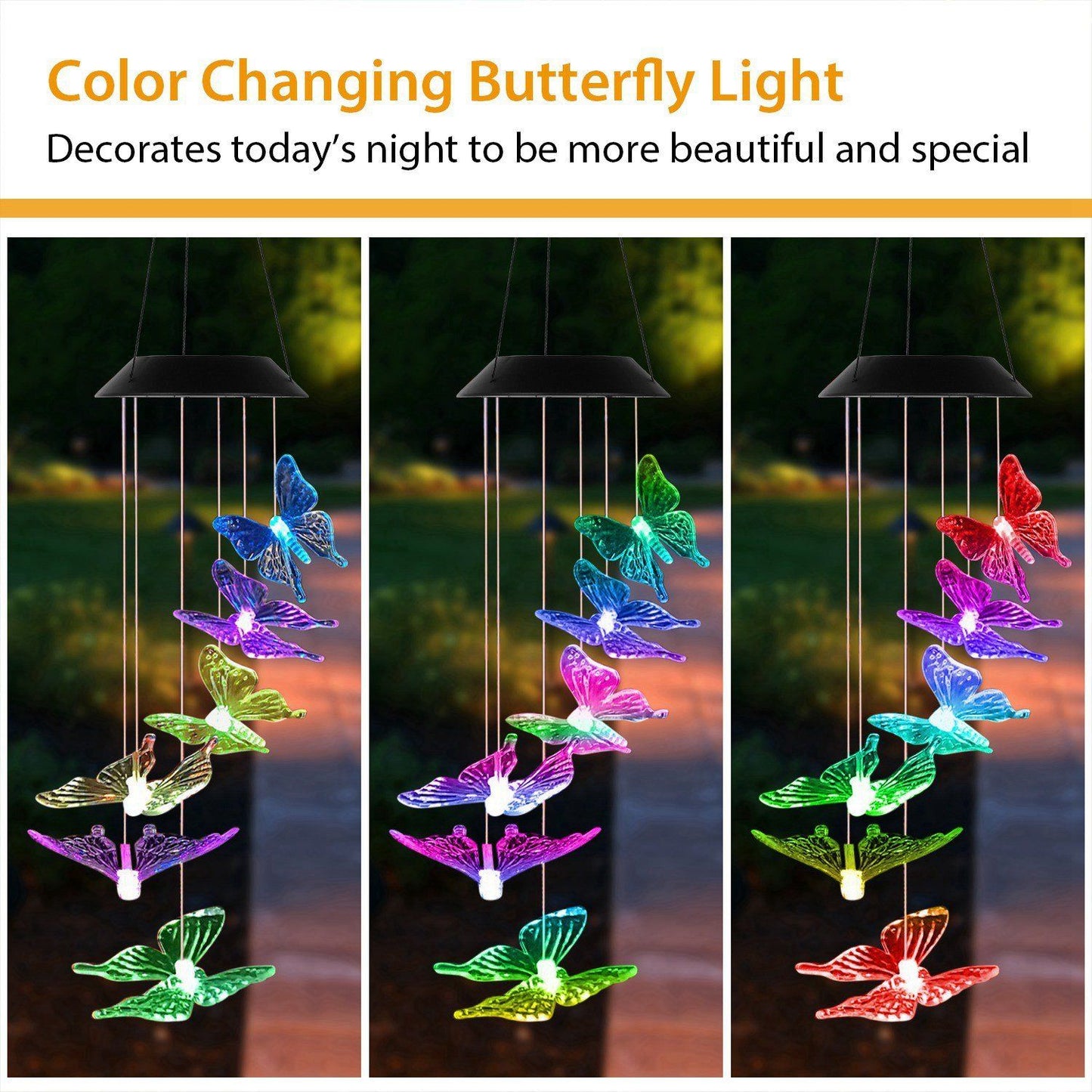 Solar LED Butterfly Wind Chimes __stock:150 refund_fee:800 String & Fairy Lights Warranty