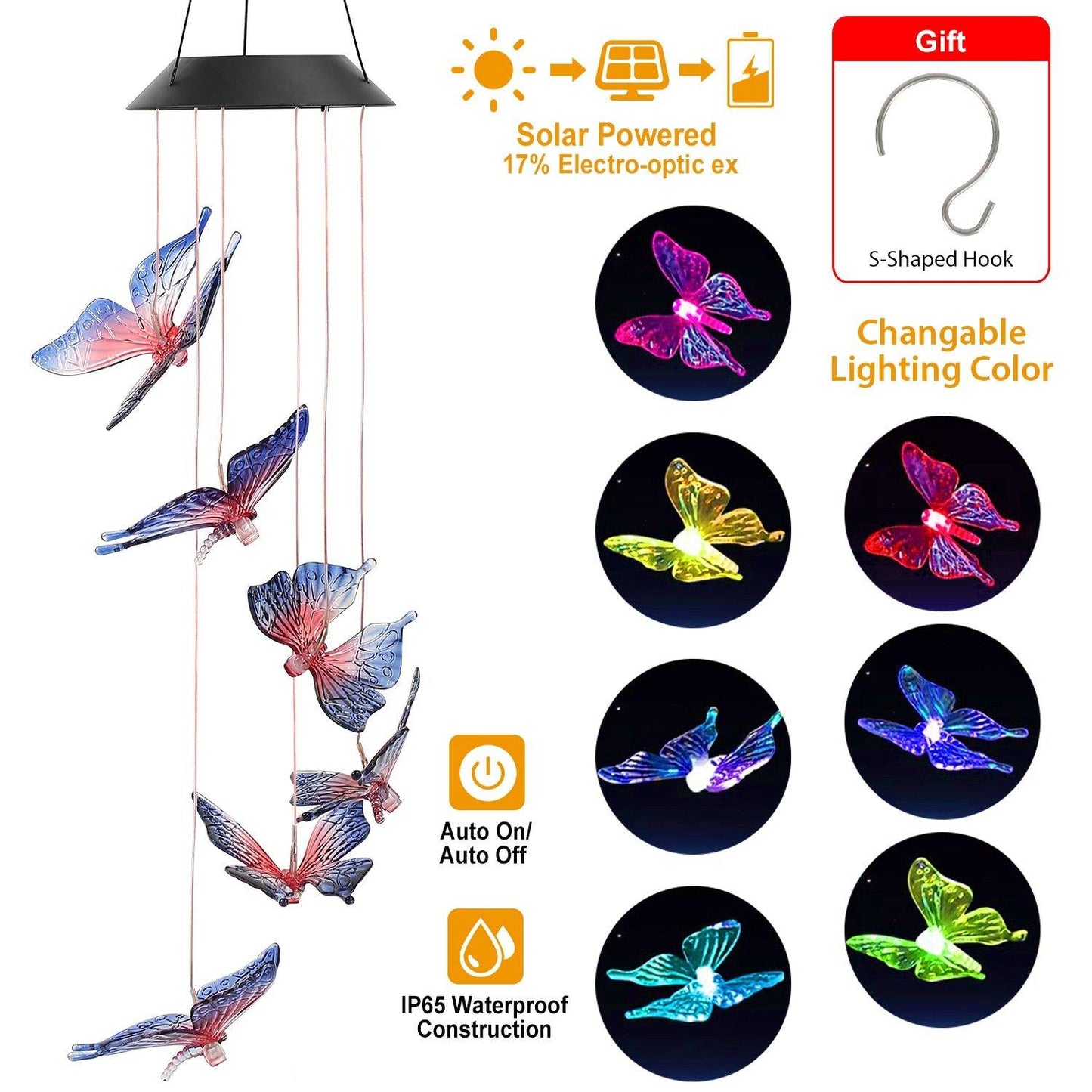 Solar LED Butterfly Wind Chimes __stock:150 refund_fee:800 String & Fairy Lights Warranty