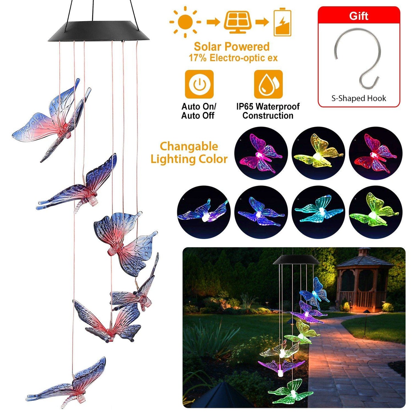 Solar LED Butterfly Wind Chimes __stock:150 refund_fee:800 String & Fairy Lights Warranty