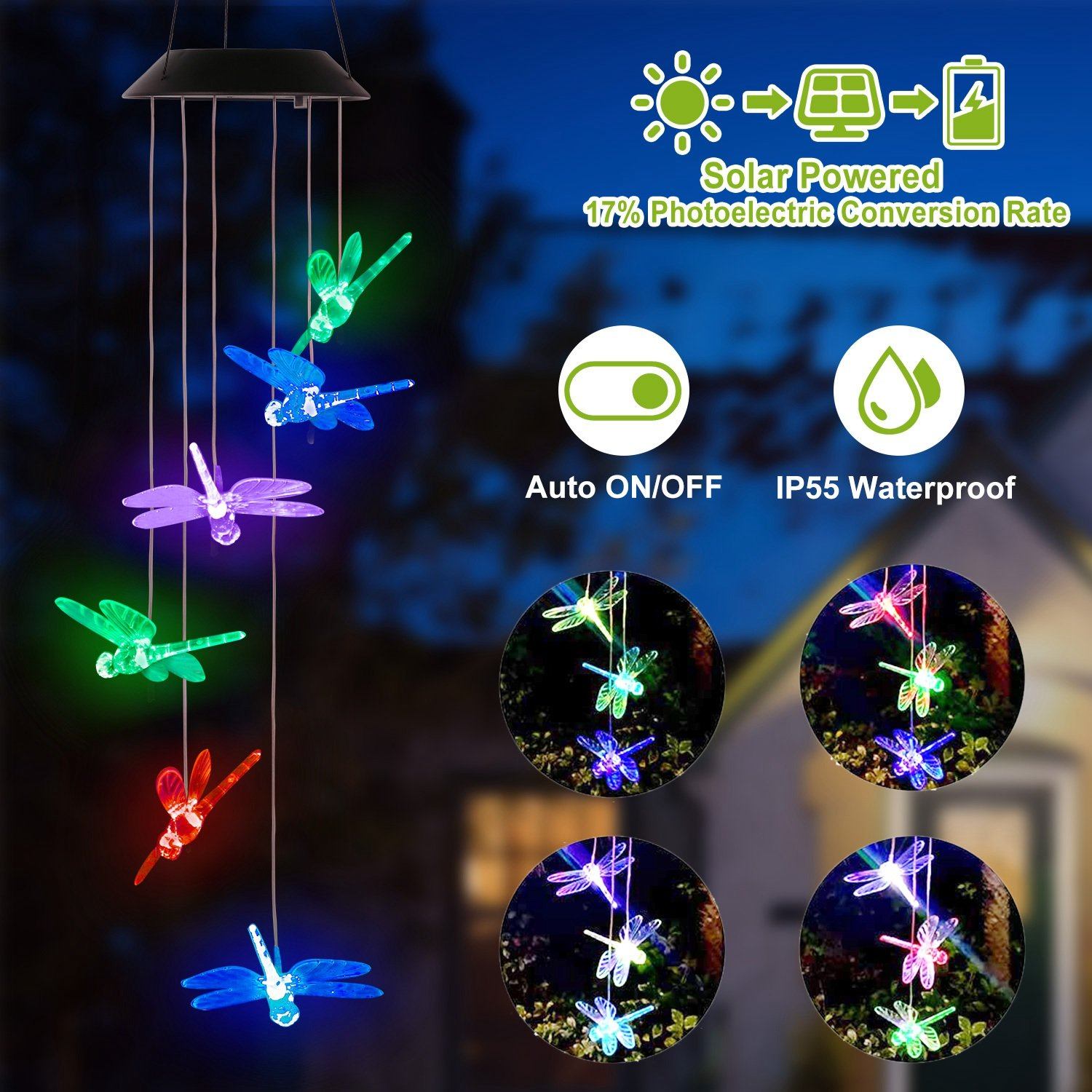 Solar Powered Dragonfly Lights Wind Chimes refund_fee:1200 String & Fairy Lights Warranty