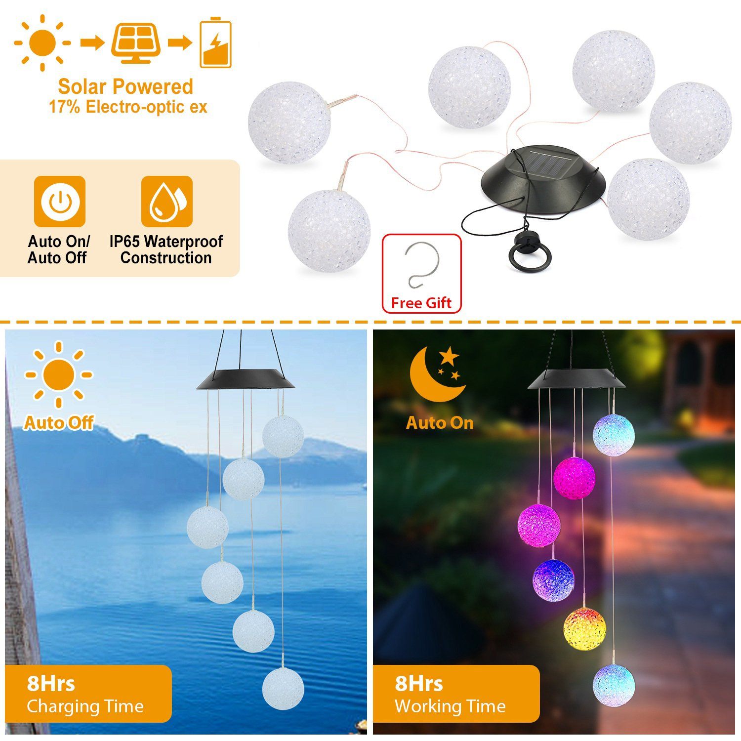 Solar Powered LED Ball Wind Chimes - Color Changing LED String Light refund_fee:1200 String & Fairy Lights Warranty