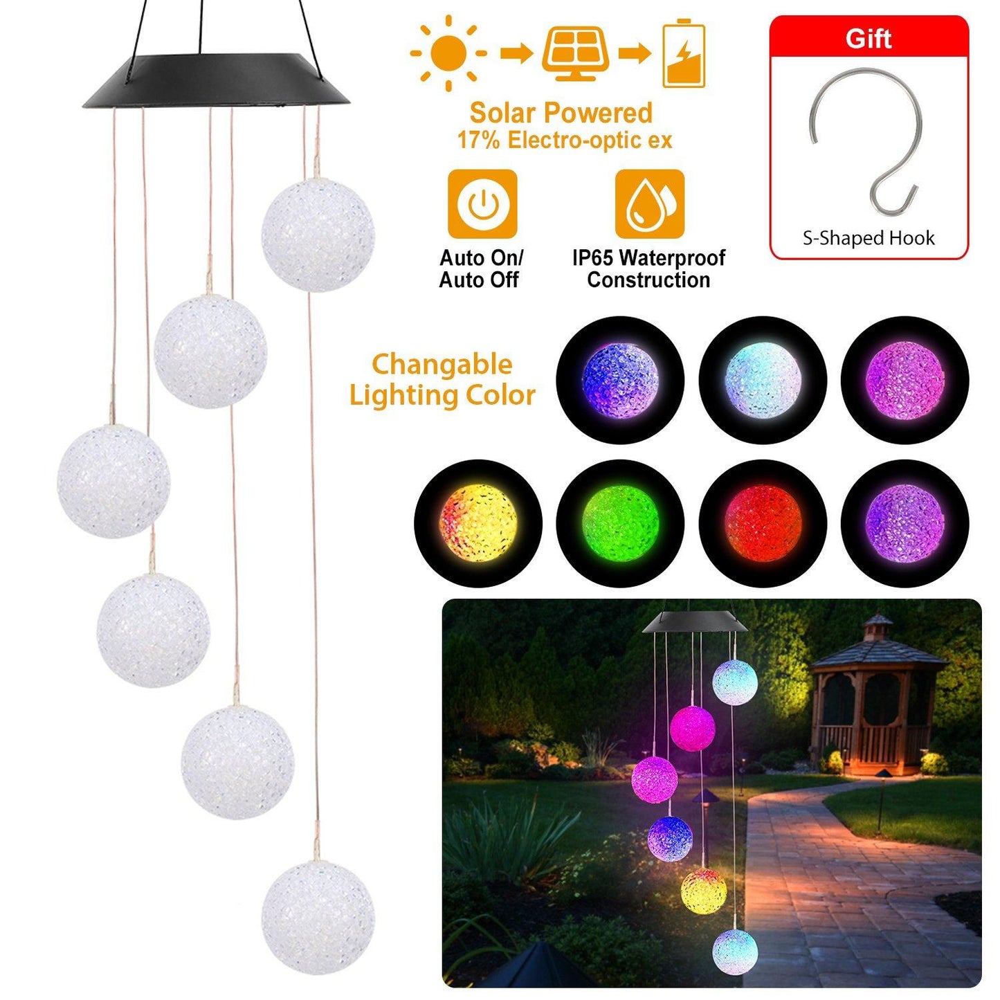 Solar Powered LED Ball Wind Chimes - Color Changing LED String Light refund_fee:1200 String & Fairy Lights Warranty