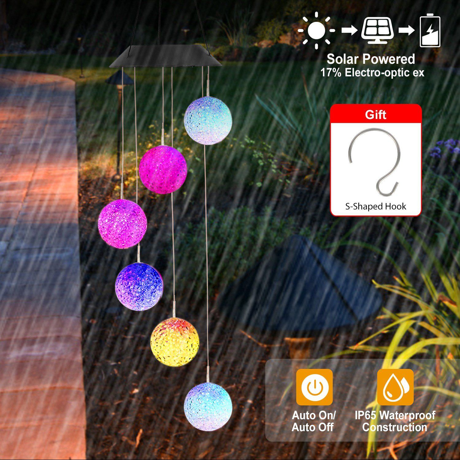 Solar Powered LED Ball Wind Chimes - Color Changing LED String Light refund_fee:1200 String & Fairy Lights Warranty