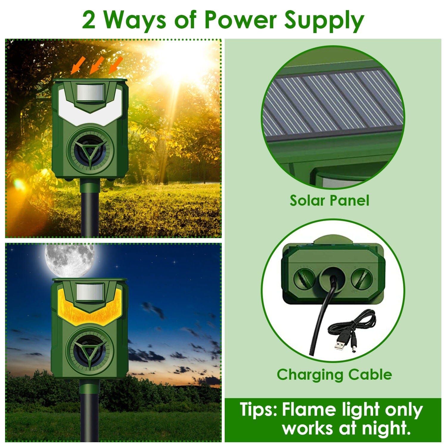 Solar Ultrasonic Animal Repeller with Flame Light USB Charge Motion Sensor __stock:50 Low stock Pest Control refund_fee:1200 Warranty