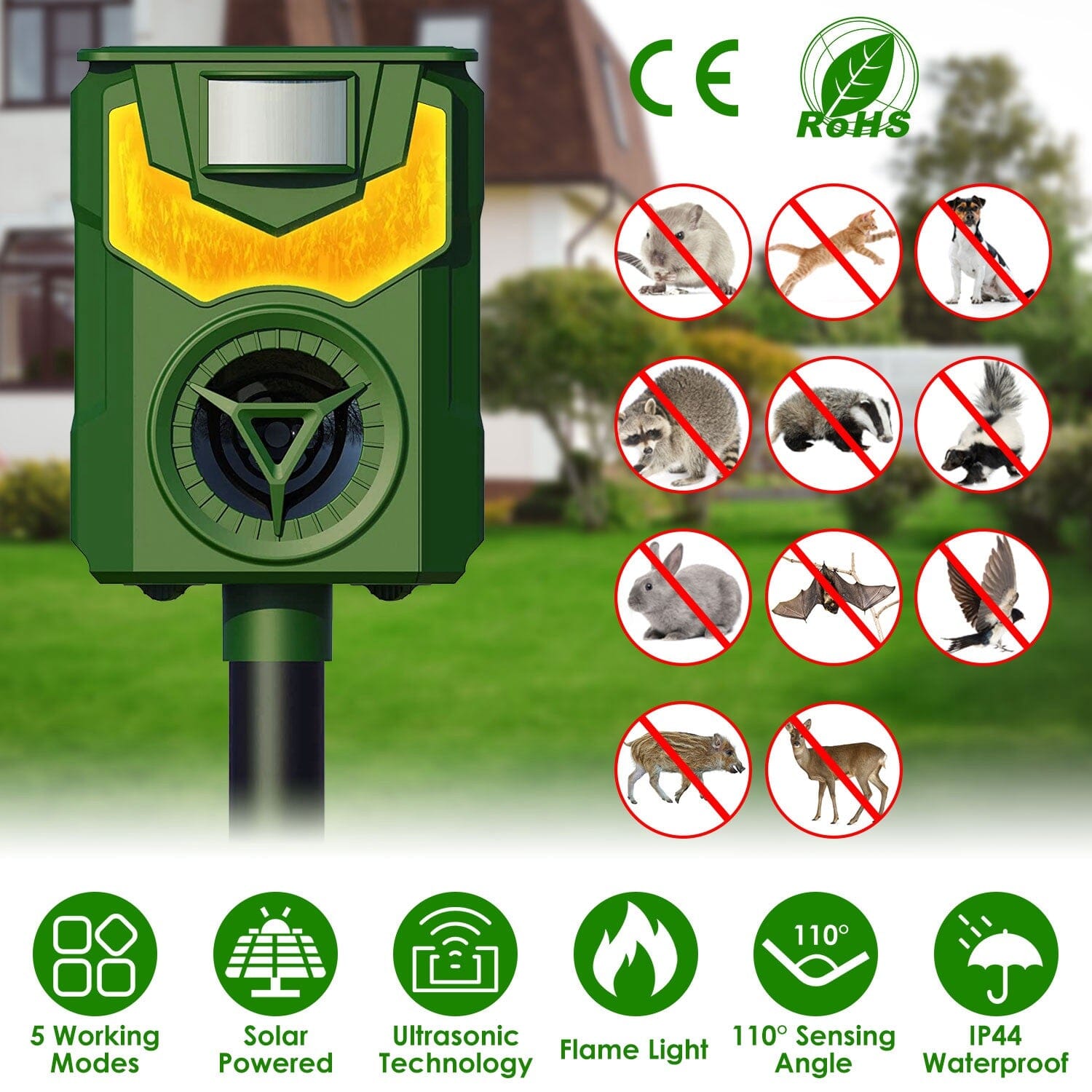 Solar Ultrasonic Animal Repeller with Flame Light USB Charge Motion Sensor __stock:50 Low stock Pest Control refund_fee:1200 Warranty