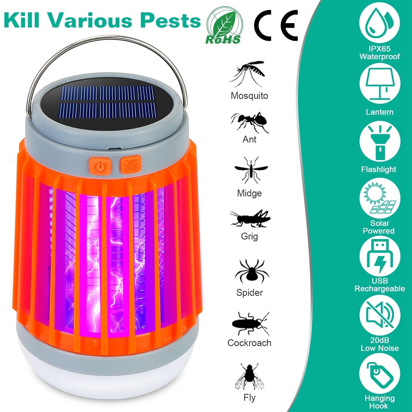 Solar USB Electric Bug Zapper with 5 Light Modes Hanging Hook __stock:50 Pest Control refund_fee:1200 Warranty