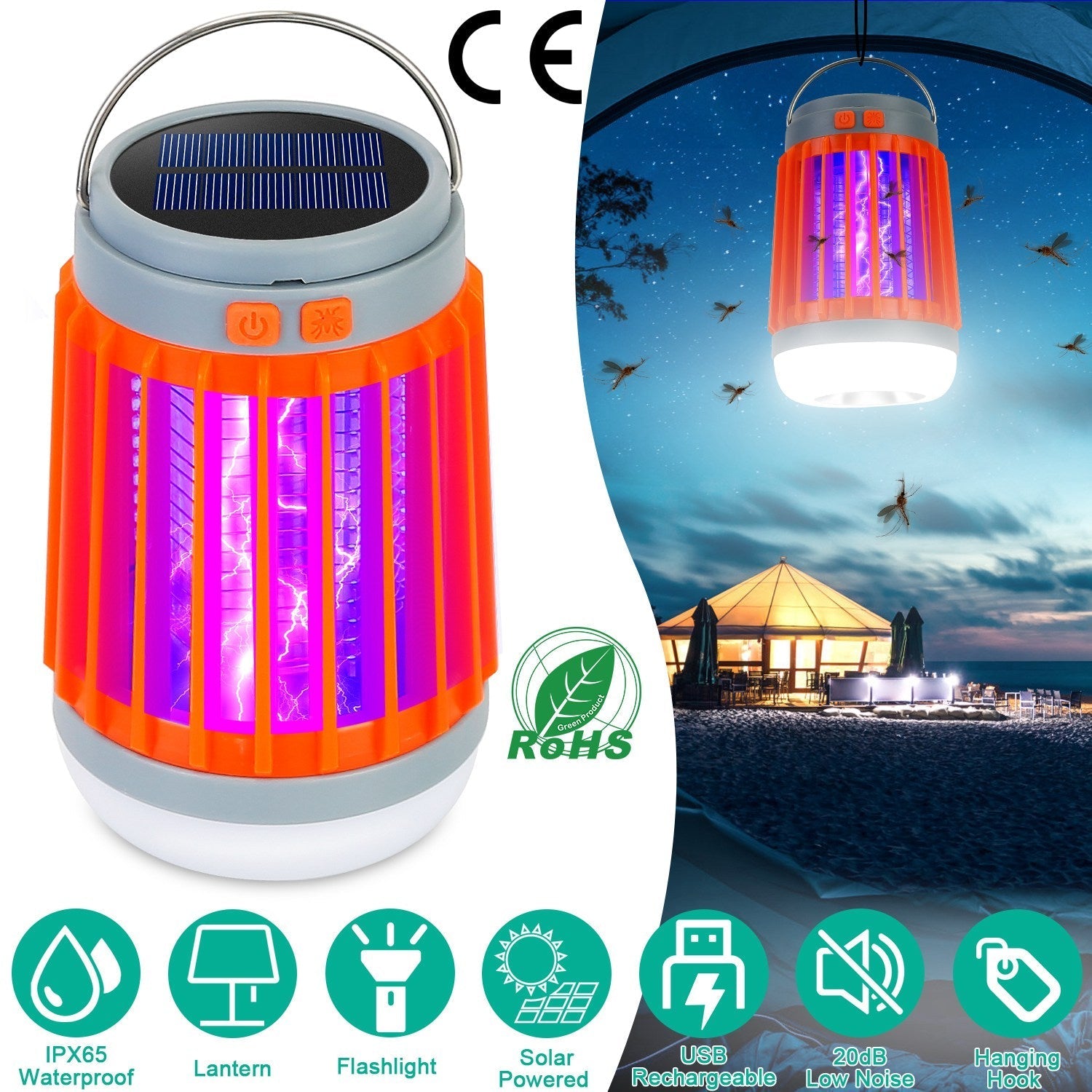 Solar USB Electric Bug Zapper with 5 Light Modes Hanging Hook __stock:50 Pest Control refund_fee:1200 Warranty