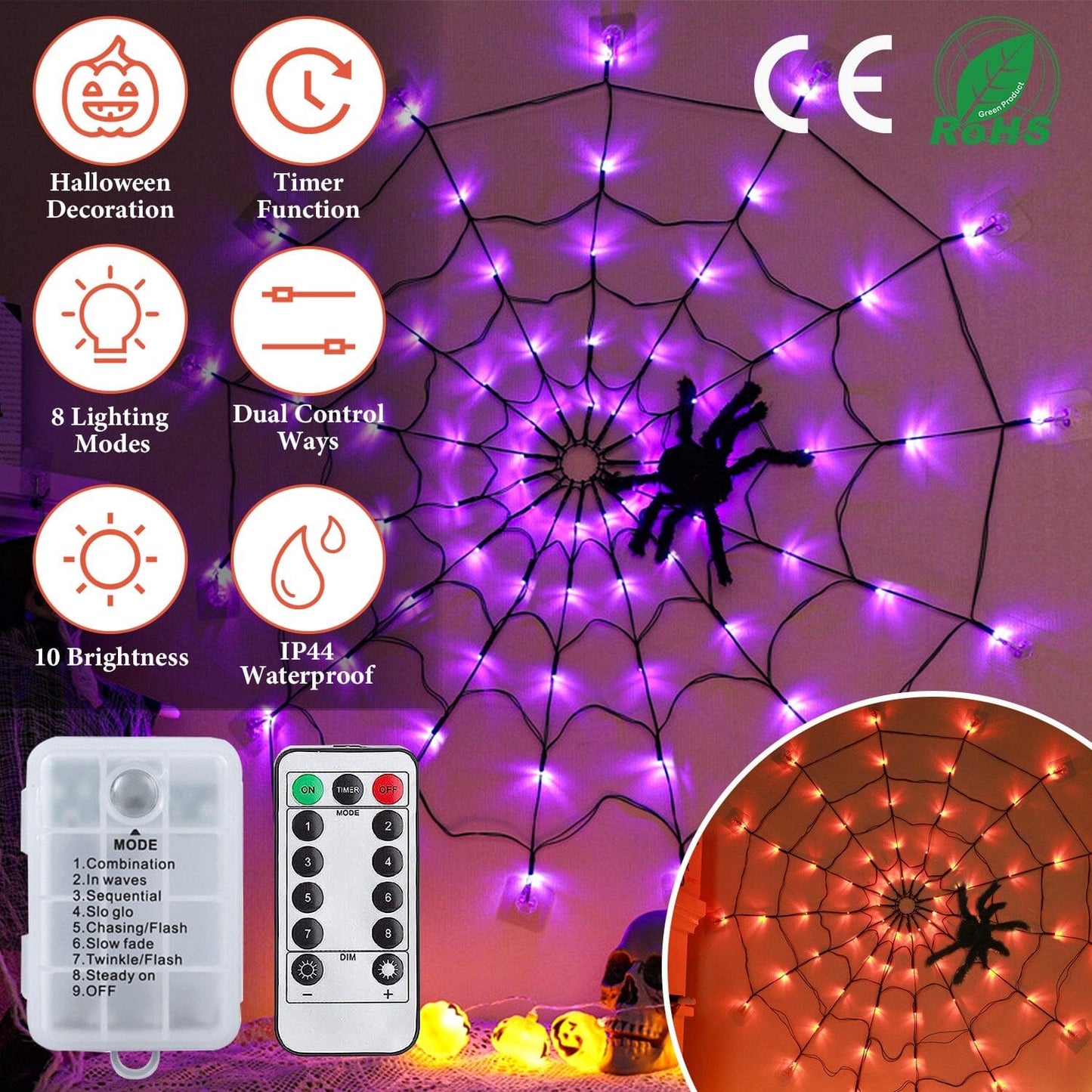 Spider Web Light with Hairy Spider 70LED Battery Powered Remote Control 8 Lighting Modes __stock:50 Holiday Decor & Apparel refund_fee:1200 Warranty