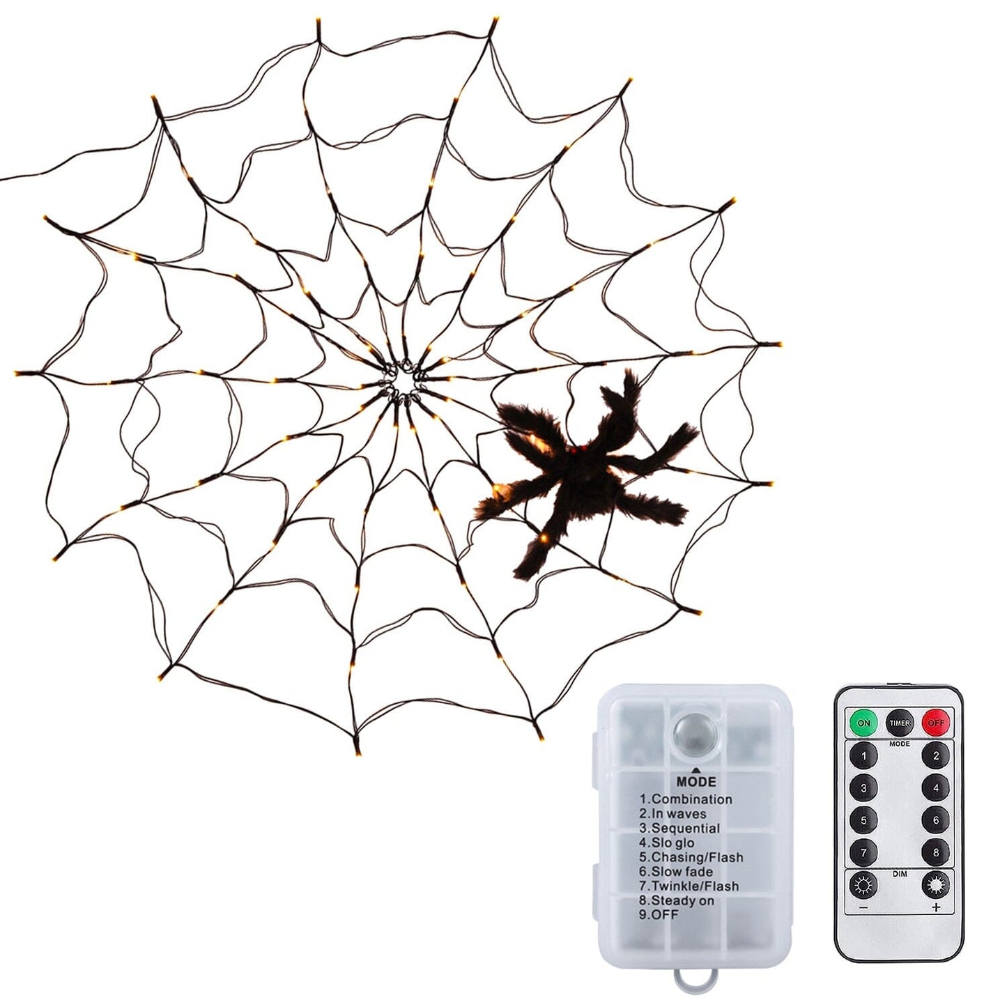 Spider Web Light with Hairy Spider 70LED Battery Powered Remote Control 8 Lighting Modes __stock:50 Holiday Decor & Apparel refund_fee:1200 Warranty