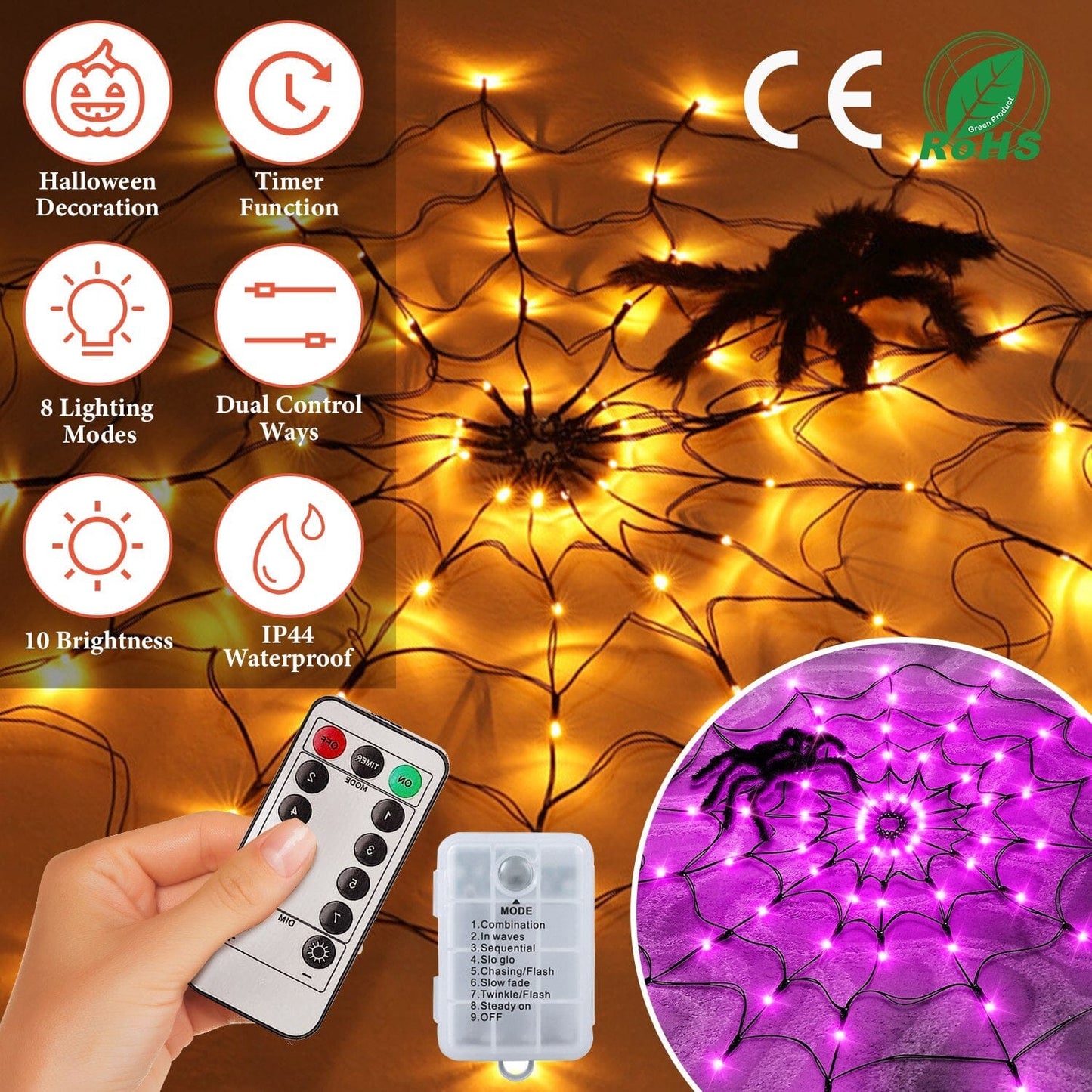 Spider Web Light with Hairy Spider 70LED Battery Powered Remote Control 8 Lighting Modes __stock:50 Holiday Decor & Apparel refund_fee:1200 Warranty