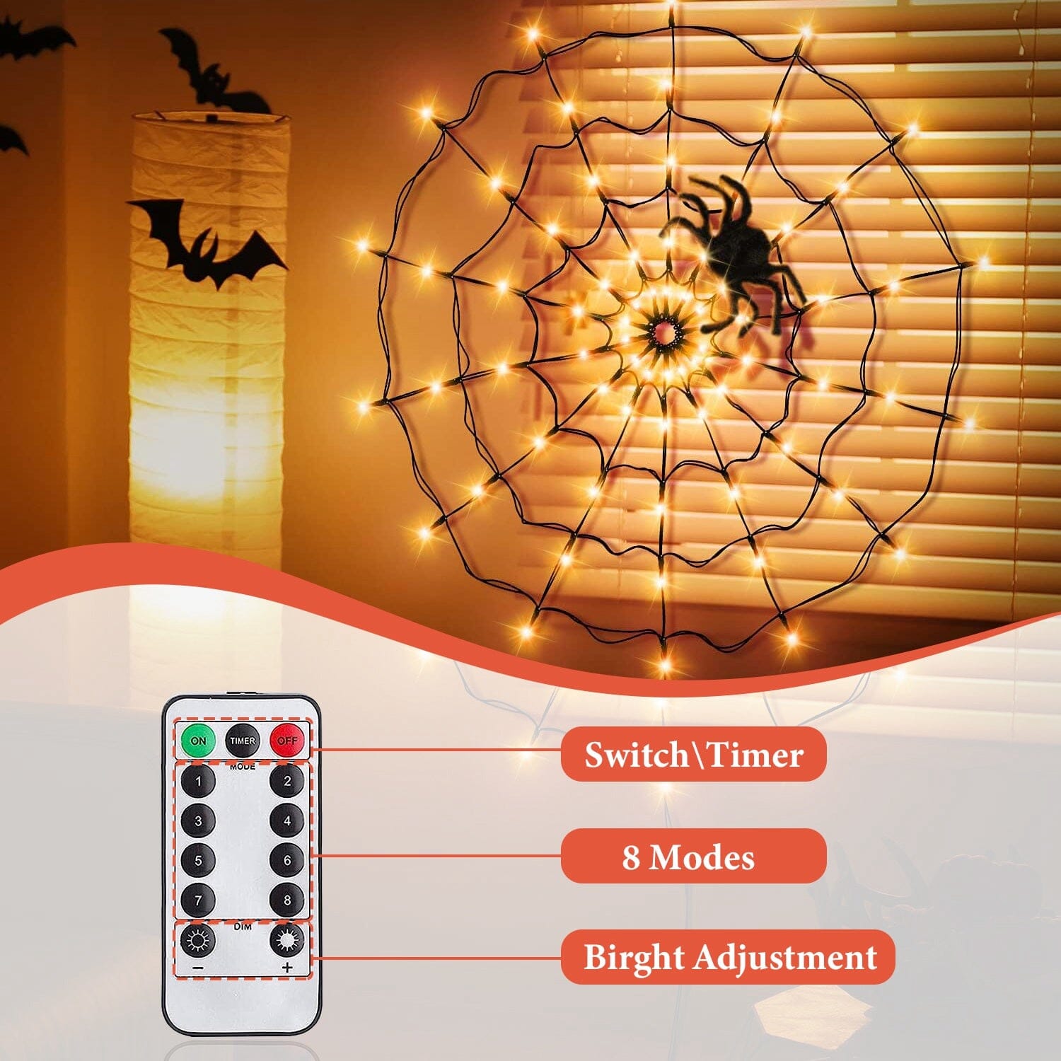 Spider Web Light with Hairy Spider 70LED Battery Powered Remote Control 8 Lighting Modes __stock:50 Holiday Decor & Apparel refund_fee:1200 Warranty