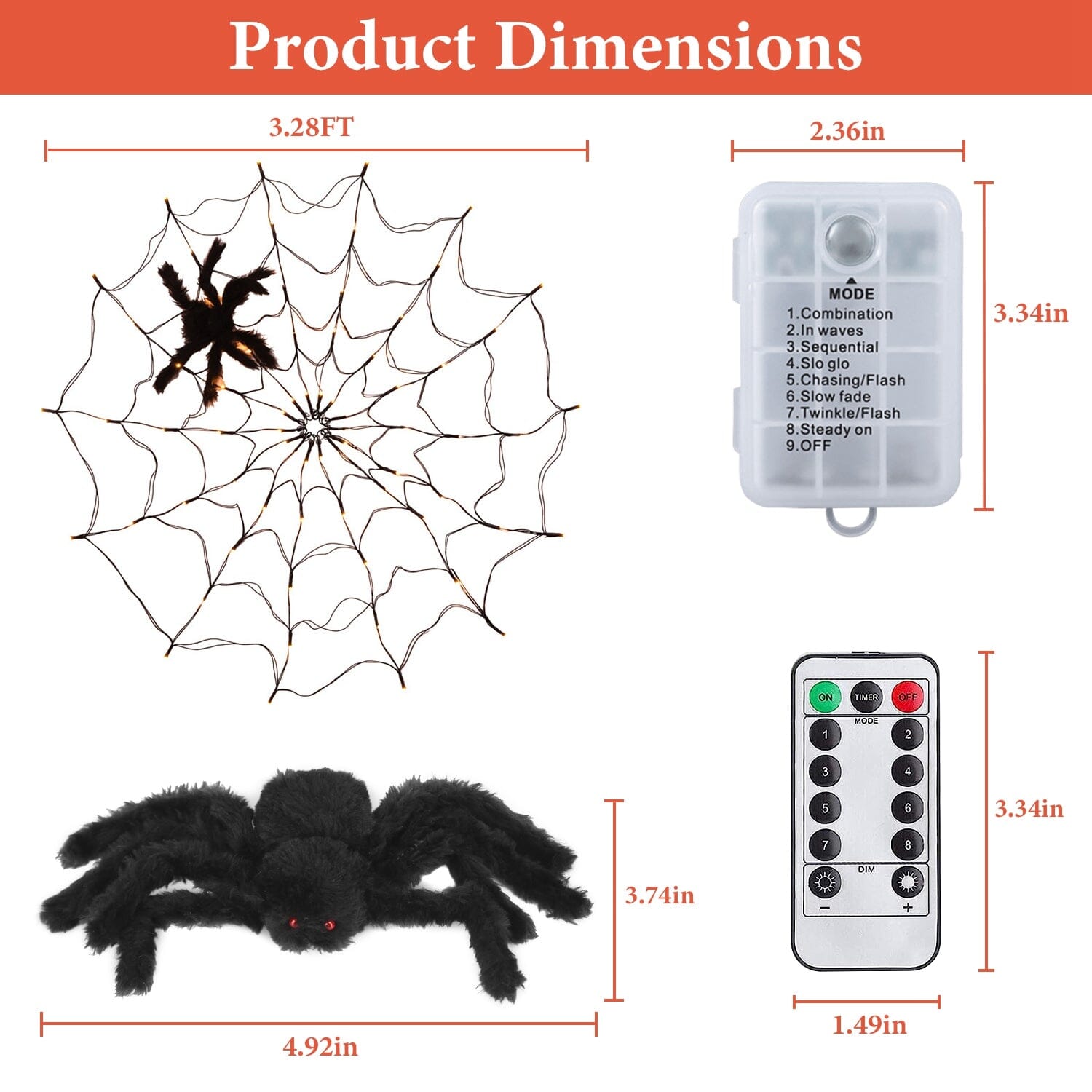 Spider Web Light with Hairy Spider 70LED Battery Powered Remote Control 8 Lighting Modes __stock:50 Holiday Decor & Apparel refund_fee:1200 Warranty