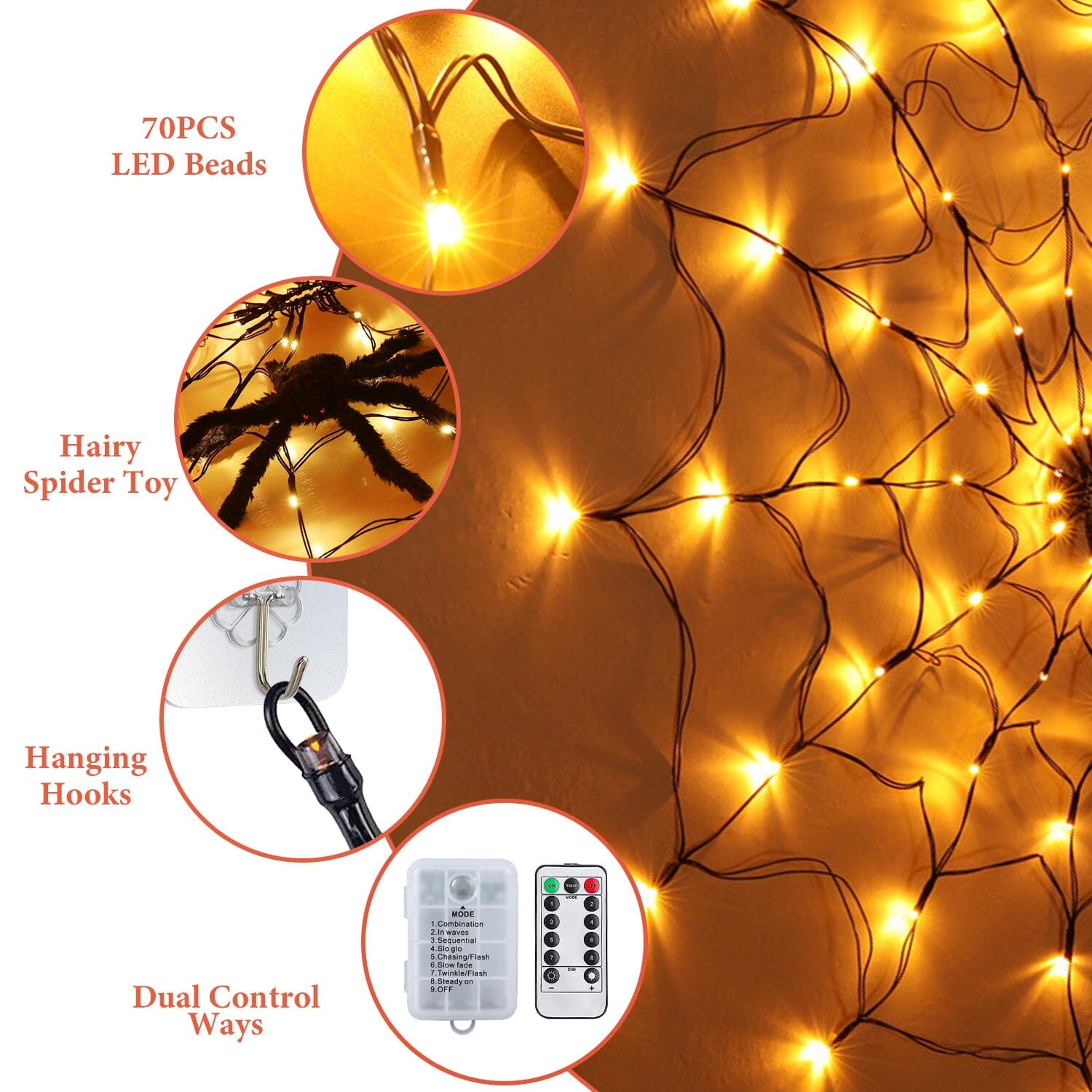 Spider Web Light with Hairy Spider 70LED Battery Powered Remote Control 8 Lighting Modes __stock:50 Holiday Decor & Apparel refund_fee:1200 Warranty