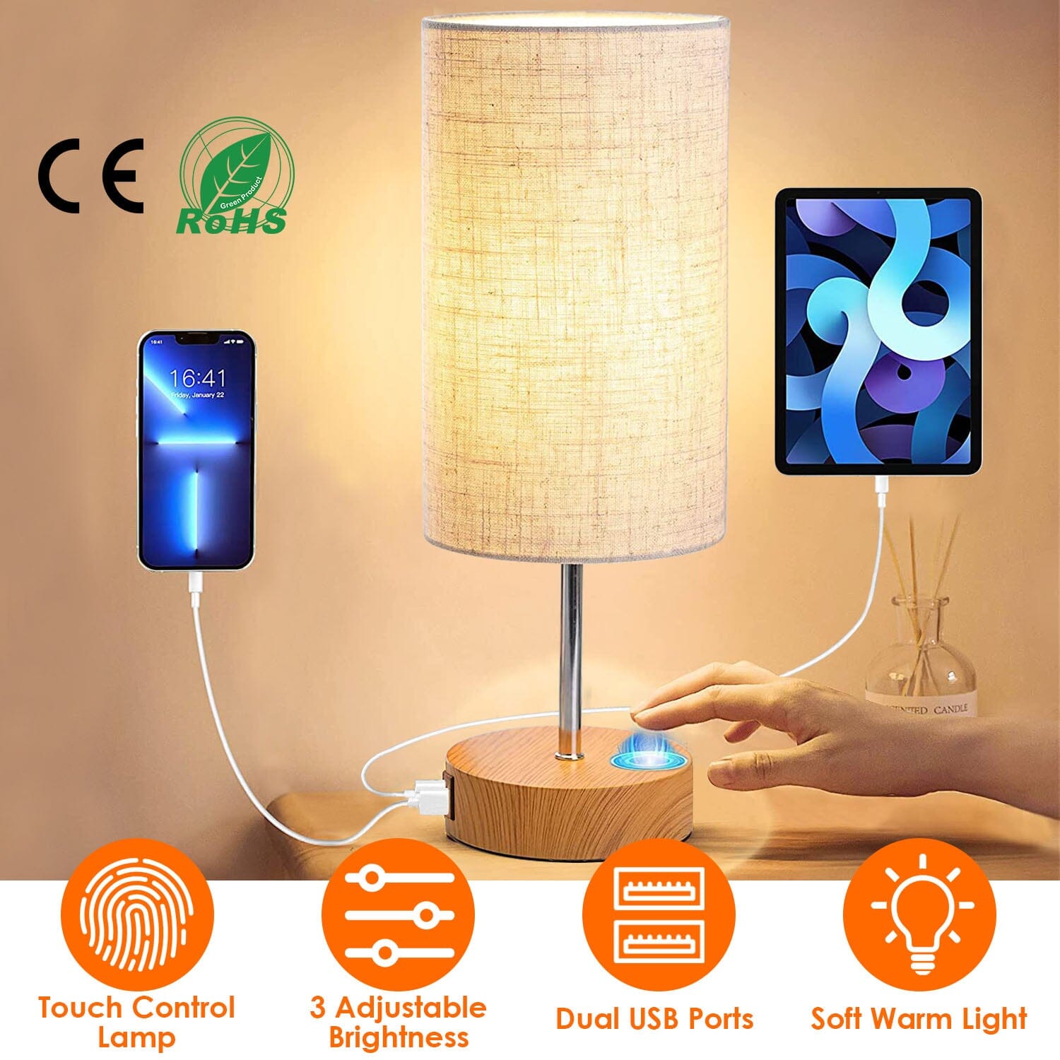 Touch Control Table Lamp 3-Way Dimmable Nightstand Beside Lamp __stock:50 Indoor Lighting refund_fee:1800 Warranty