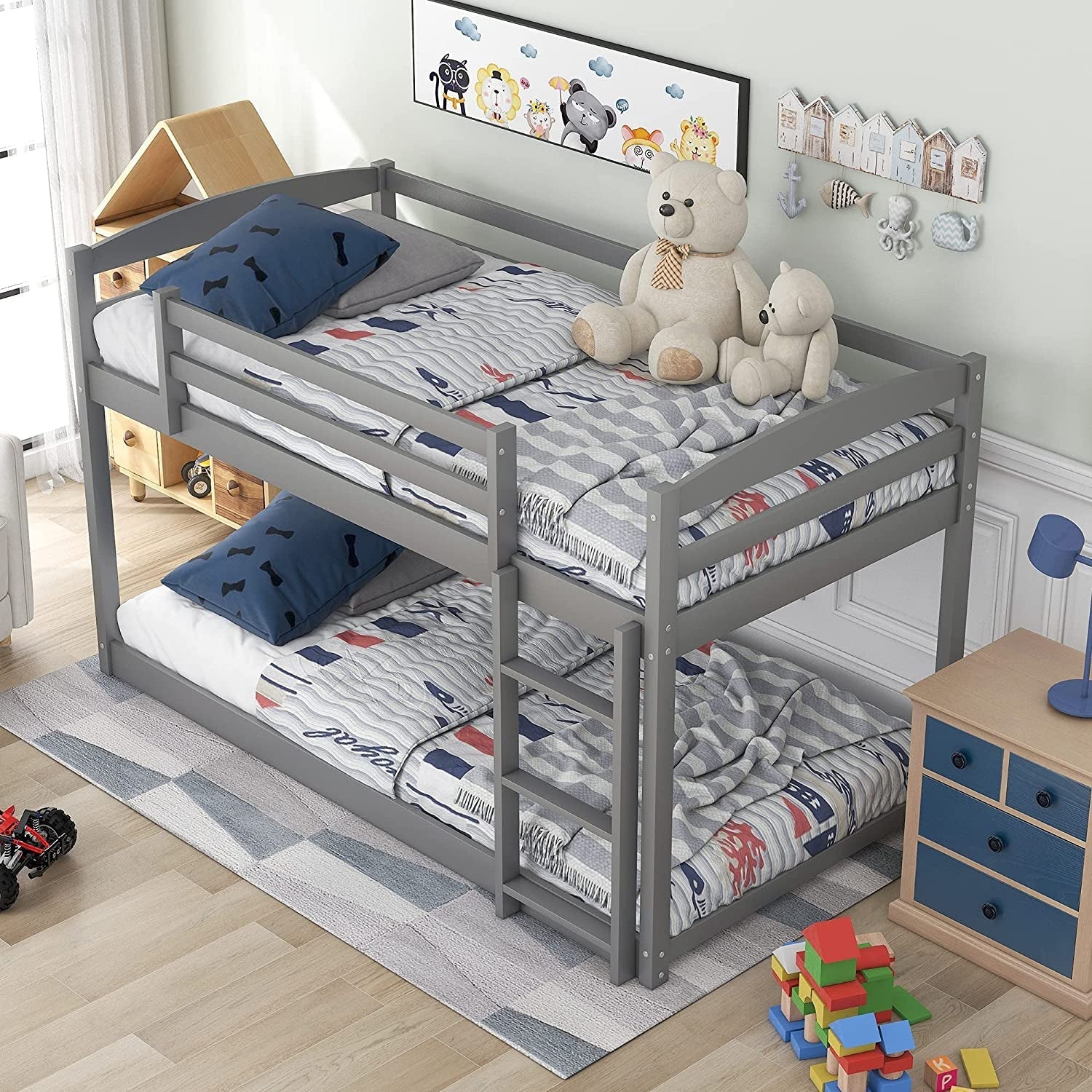 Twin Over Twin Floor Bunk Bed with Ladder __stock:200 Furniture and Décor refund_fee:3800