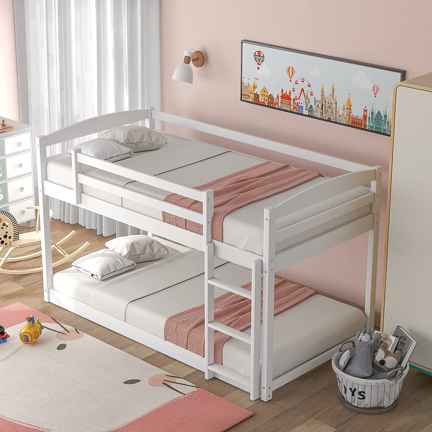 Twin Over Twin Floor Bunk Bed with Ladder __stock:200 Furniture and Décor refund_fee:3800